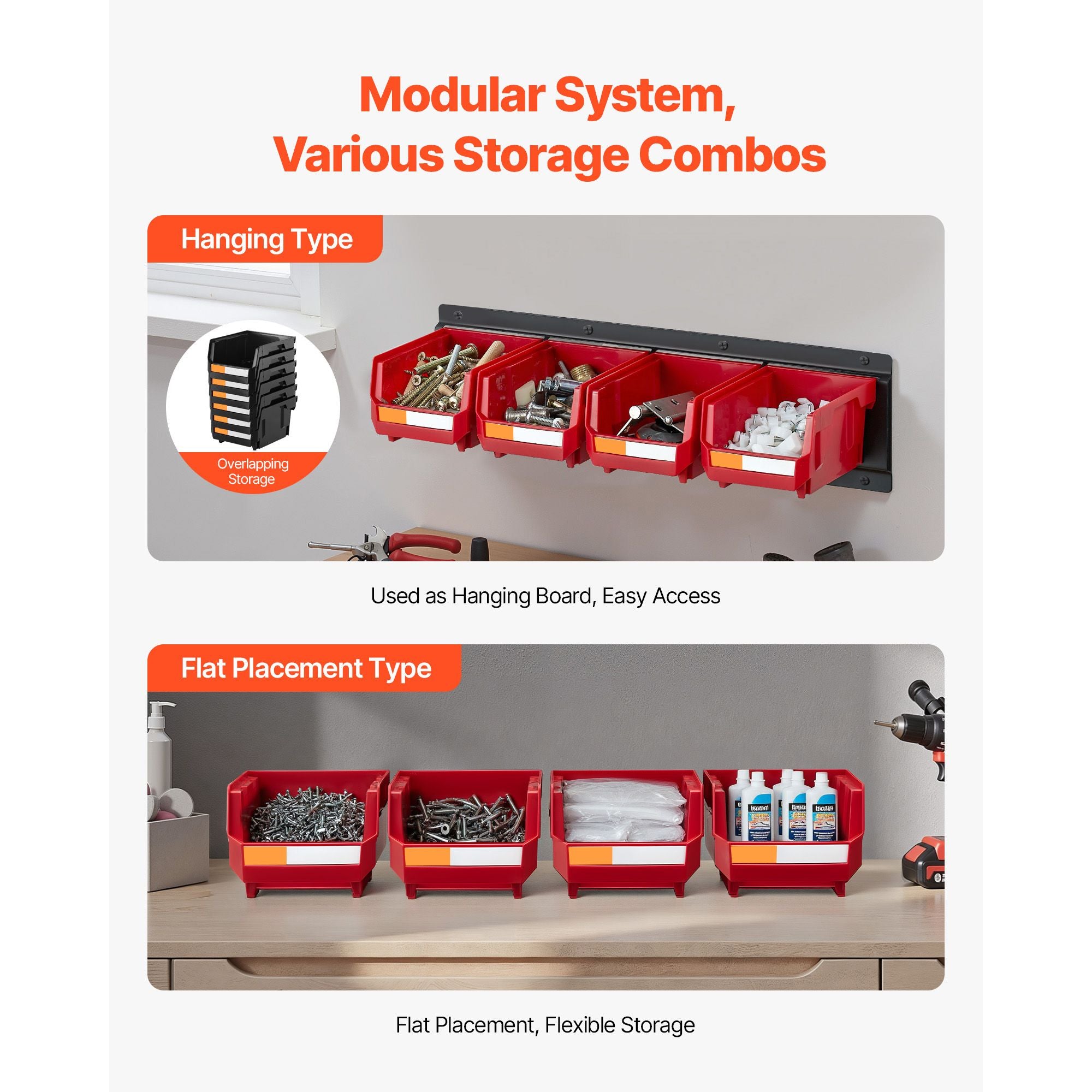 Wall Mounted Storage Bins 12 Pack with Metal Rails Tool Organizer