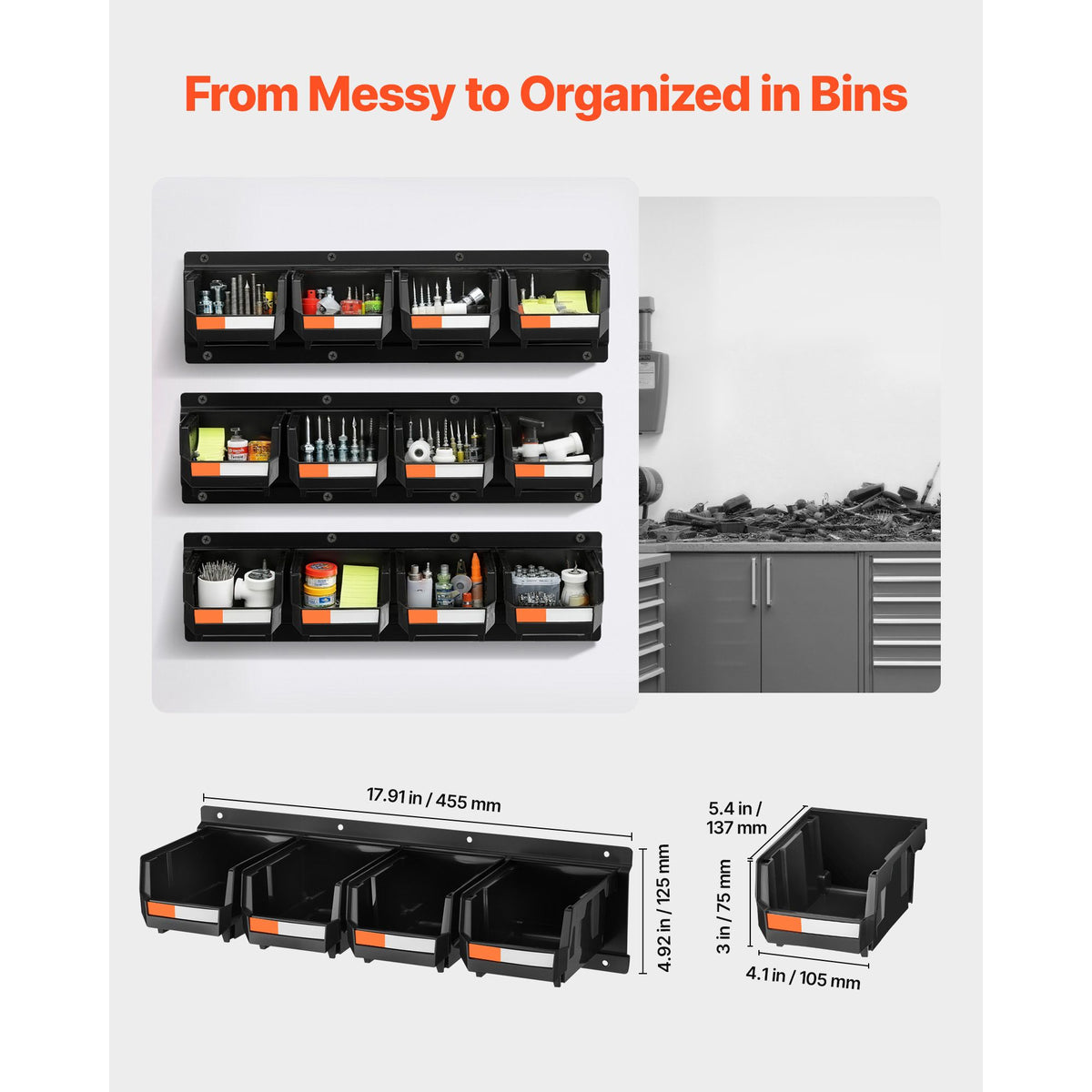 12PC Wall Mounted Storage Bins with Metal Rails Garage Organizer