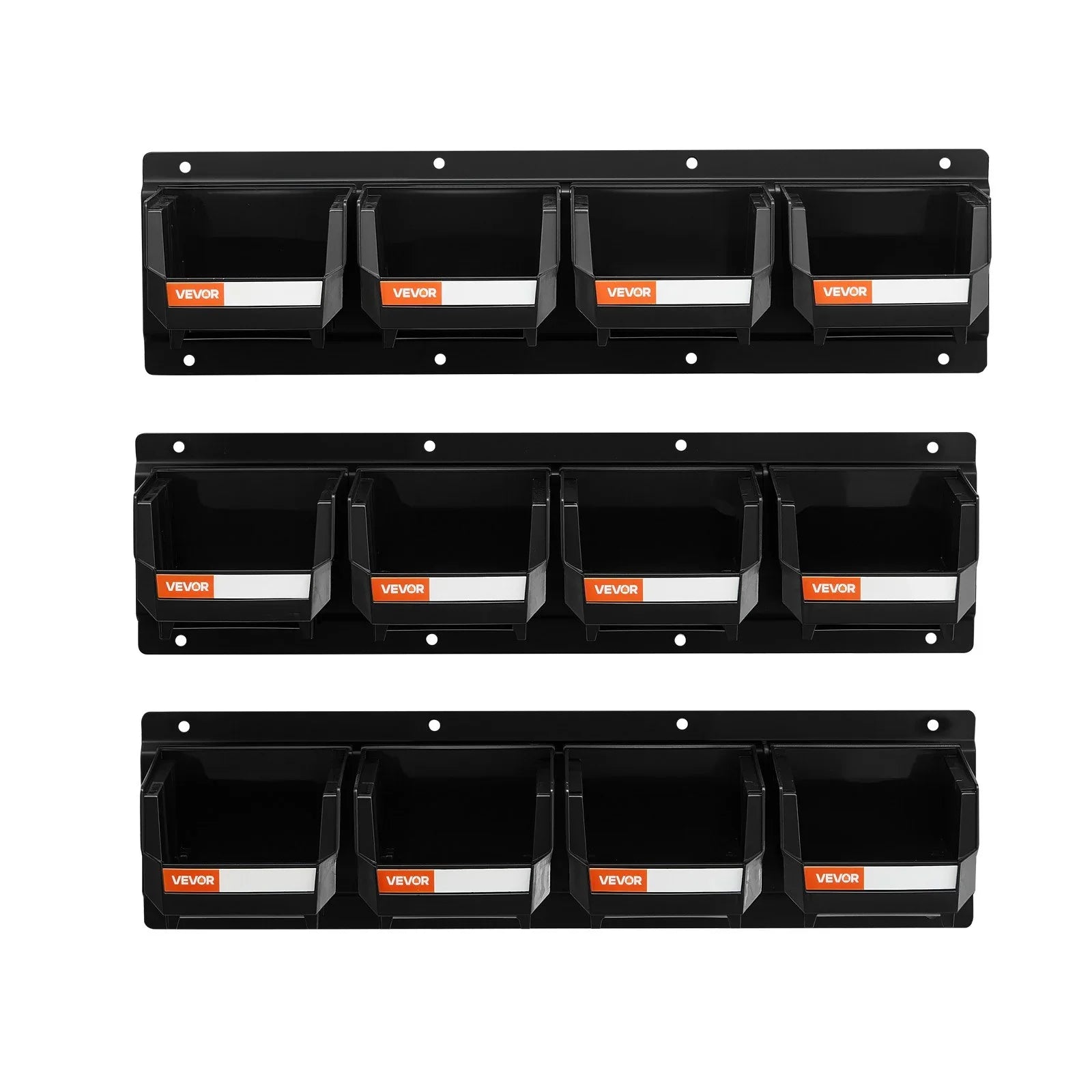 Wall Mounted Storage Bins, 12 Plastic Bins & 3 Metal Rails, Plastic Hanging Stackable Storage Bin for Screws, Nuts, Bolts, Nails, Hardware Tool Organizer for Workshop, Craft Room, Garage, Black