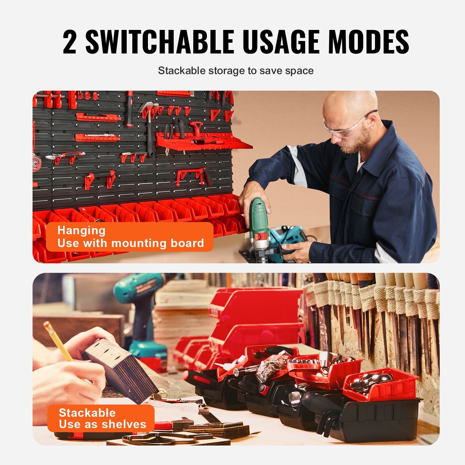 30 Bin Wall Mounted Parts Organizer Garage Storage Rack with Hooks Black Red