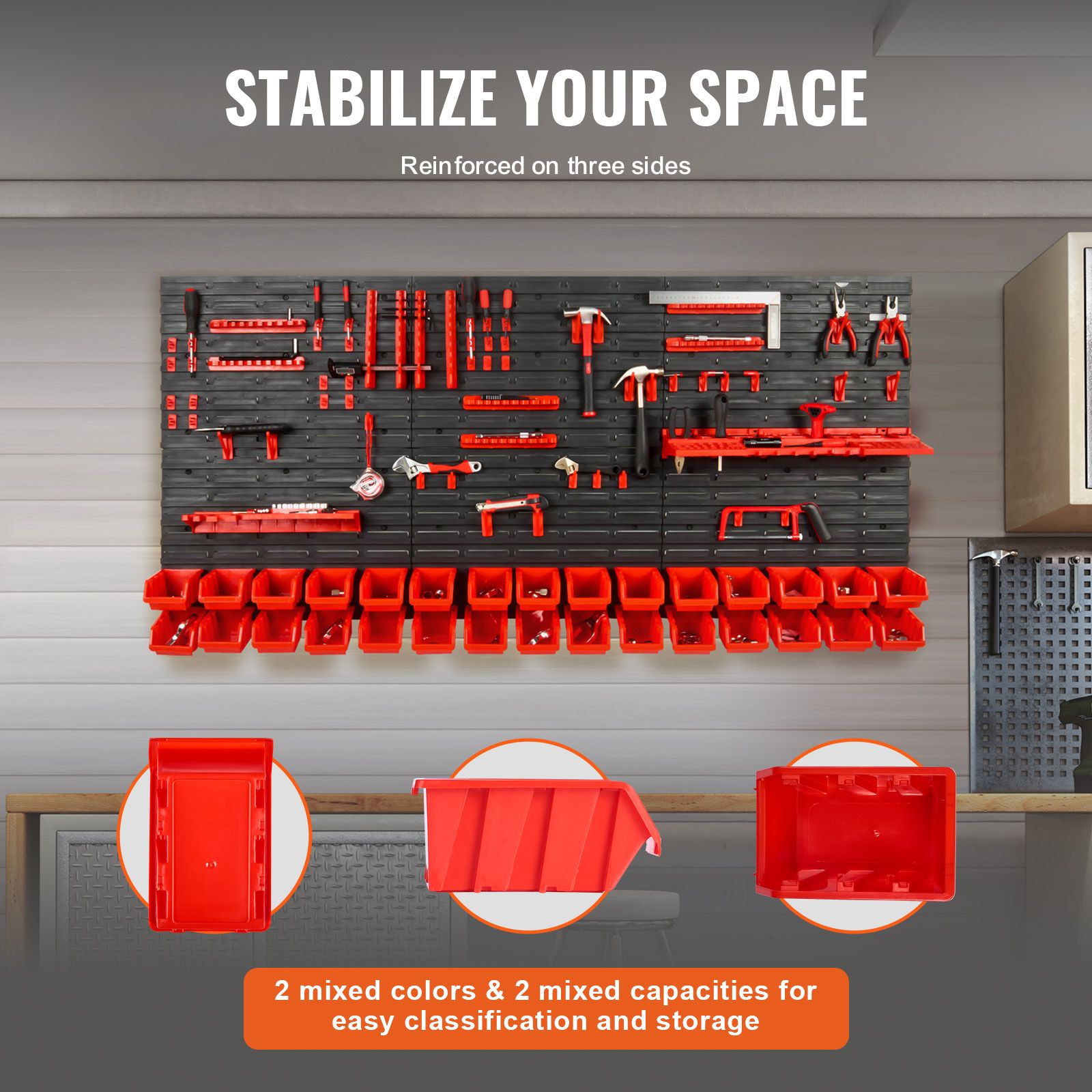 30 Bin Wall Mounted Parts Organizer Garage Storage Rack with Hooks Black Red