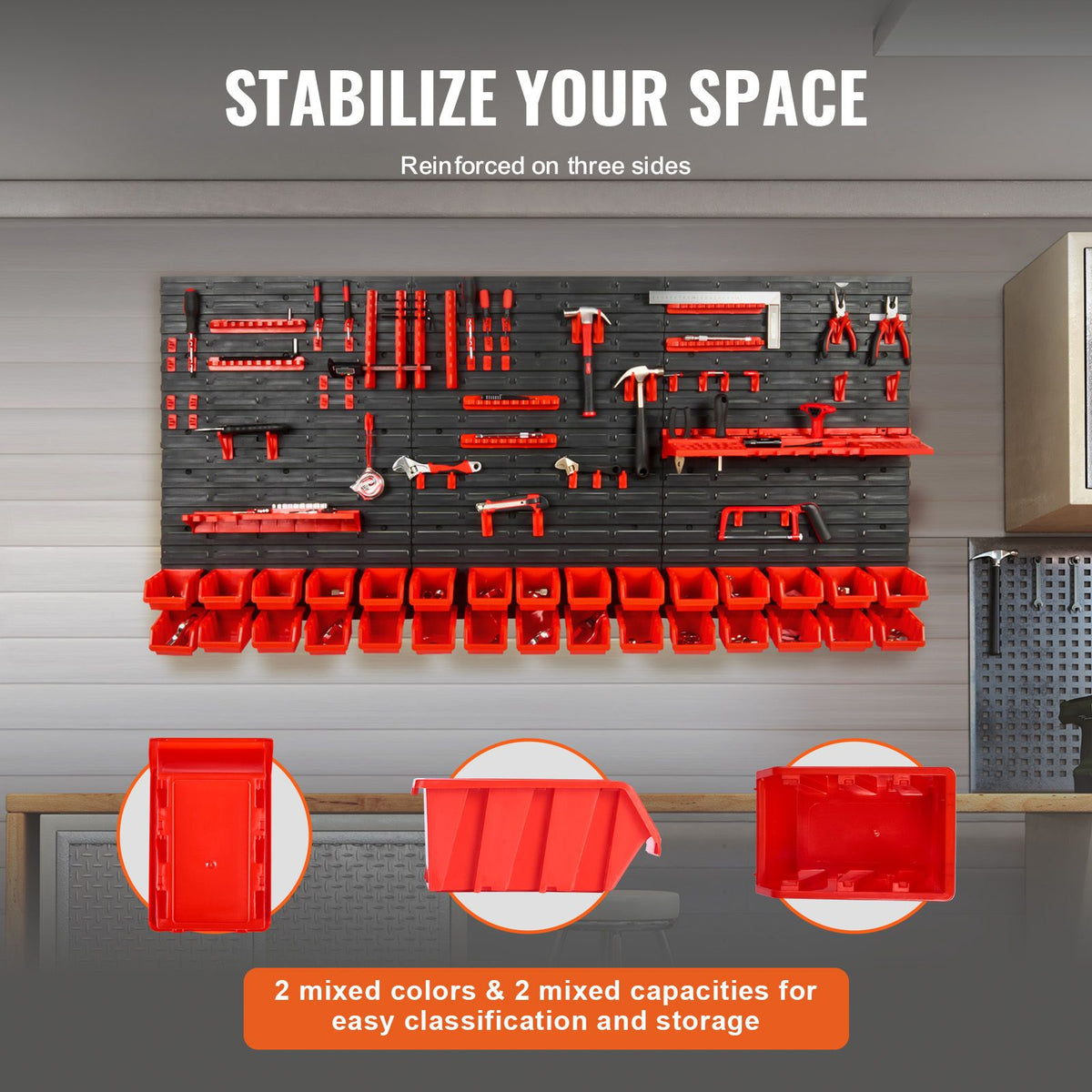30 Bin Wall Mounted Parts Organizer Garage Storage Rack with Hooks Black Red