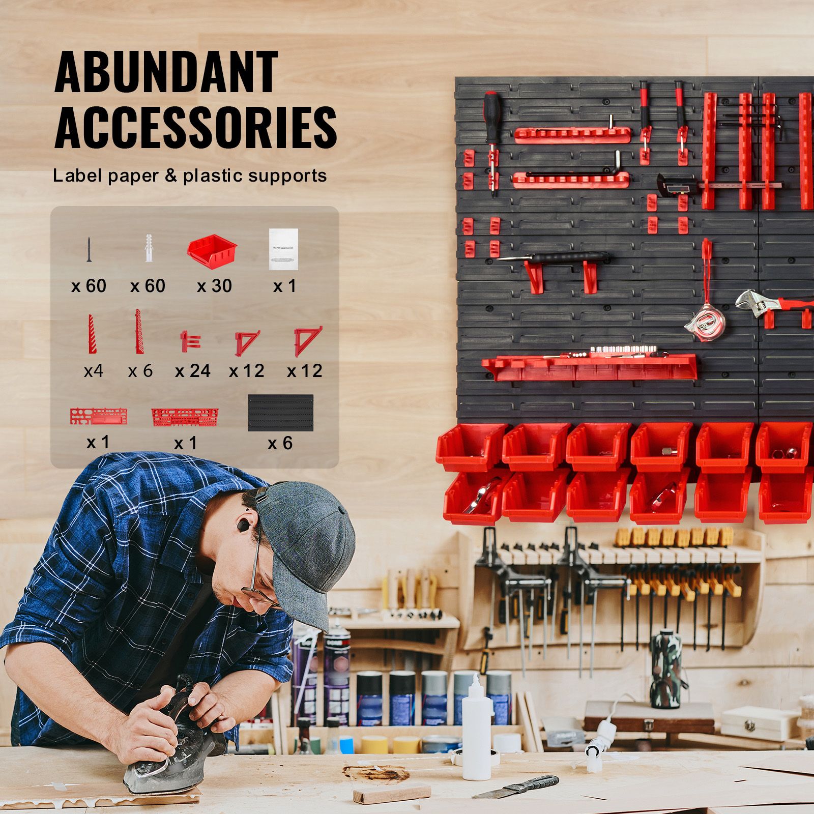 30 Bin Wall Mounted Parts Organizer Garage Storage Rack with Hooks Black Red