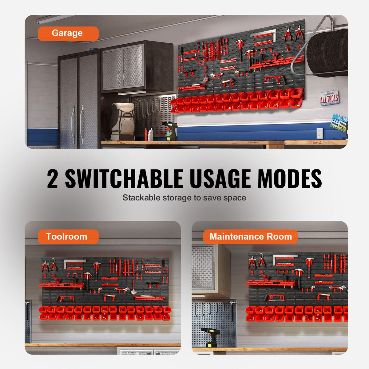 30 Bin Wall Mounted Parts Organizer Garage Storage Rack with Hooks Black Red