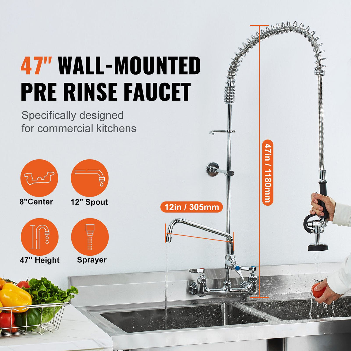 Commercial Faucet with Pre-Rinse Sprayer, 47