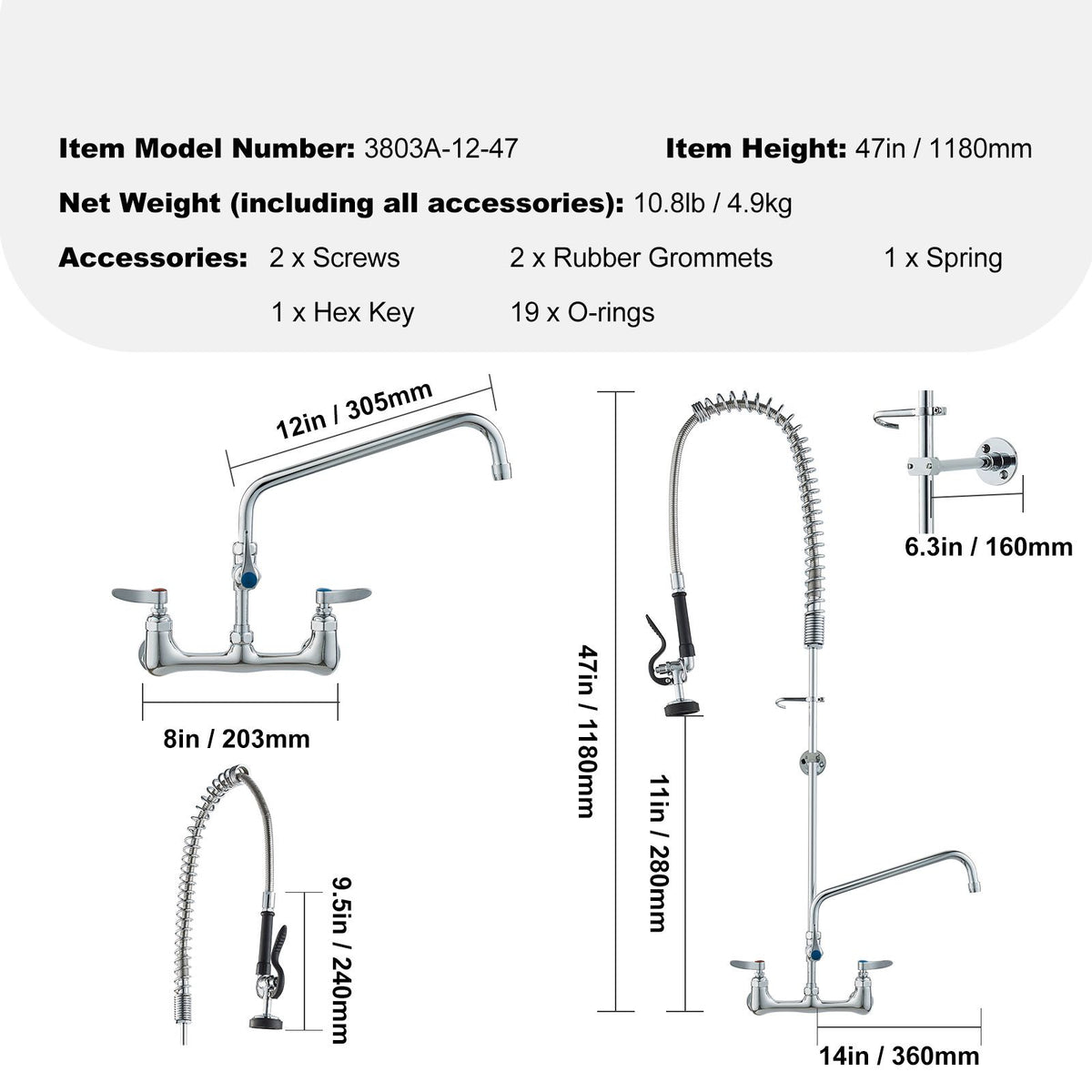 Commercial Faucet with Pre-Rinse Sprayer, 47