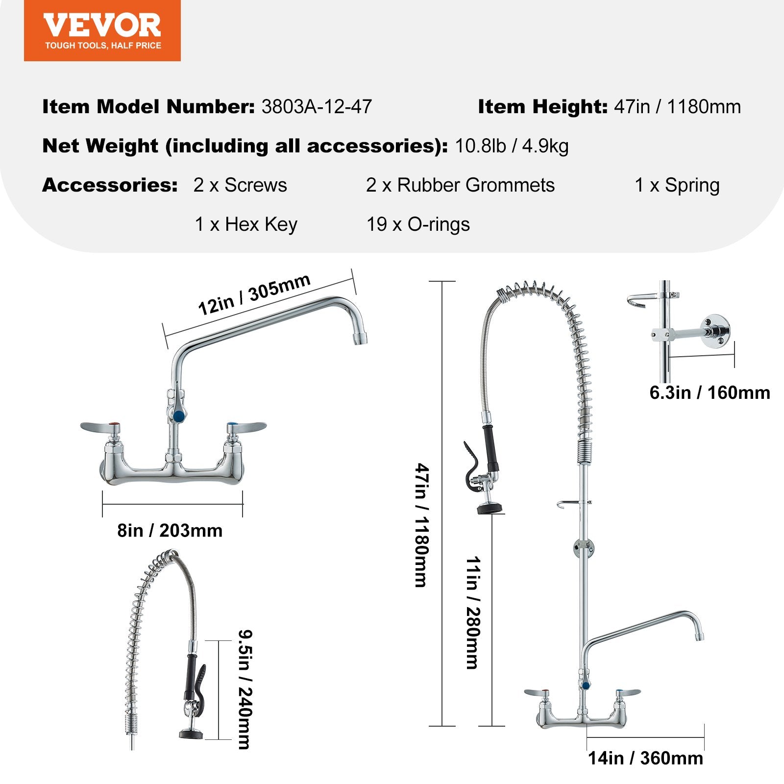 VEVOR Commercial Faucet with Pre-Rinse Sprayer, 47