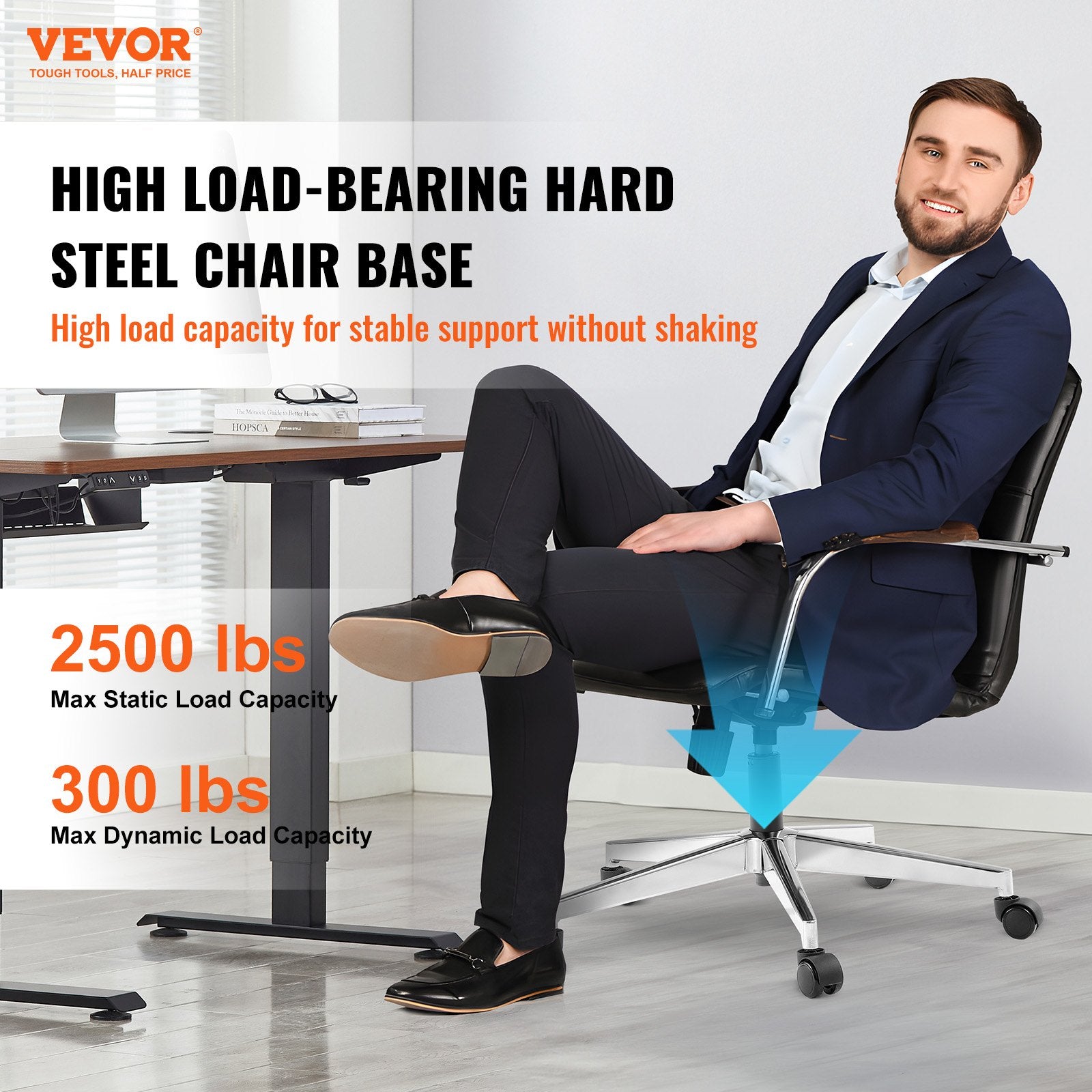 Office Chair Base Replacement, 710 mm 1134 kg Static Load Capacity, Heavy Duty Universal Computer Desk Chair Stool Base Part with Reinforced Metal Legs, Desk Chair Base Replacement Parts, Silver