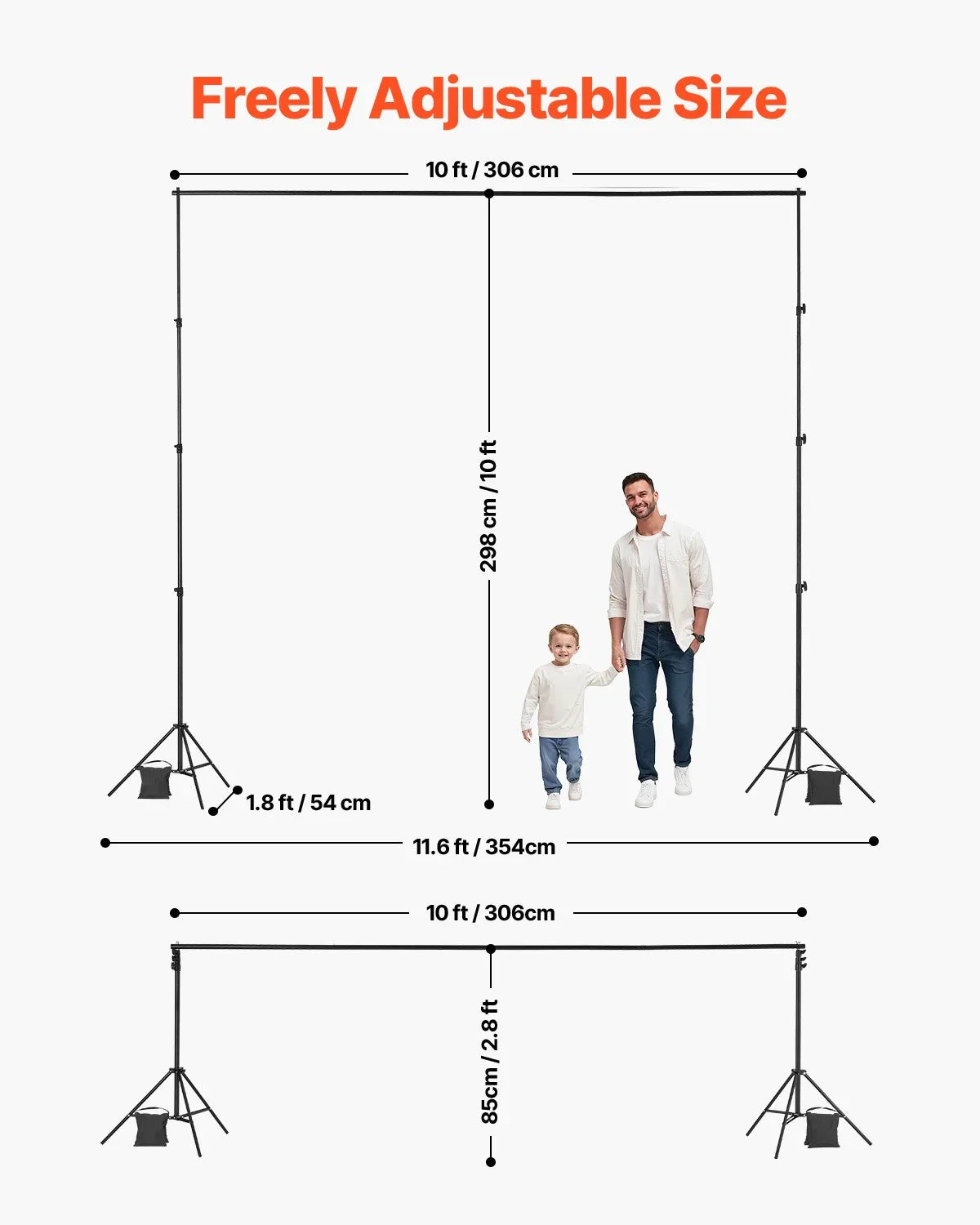 Backdrop Stand, 298 x 300 cm Adjustable Photo Backdrop Stand Kit, Portable Background Backdrop Stand with 4 Crossbars, Heavy Duty Projector Screen Stand, for Wedding, Photo Video Studio & Party
