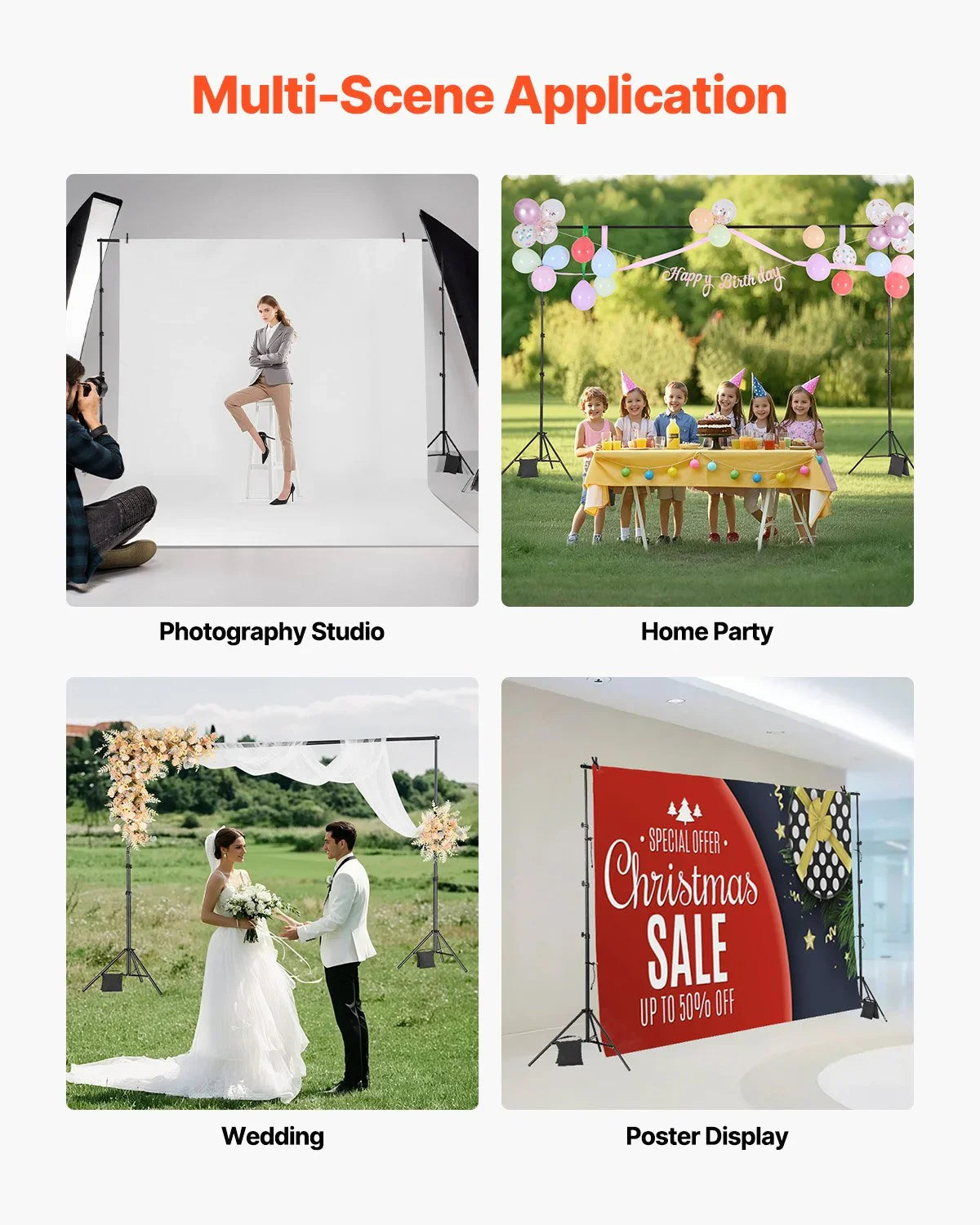 Backdrop Stand, 298 x 300 cm Adjustable Photo Backdrop Stand Kit, Portable Background Backdrop Stand with 4 Crossbars, Heavy Duty Projector Screen Stand, for Wedding, Photo Video Studio & Party