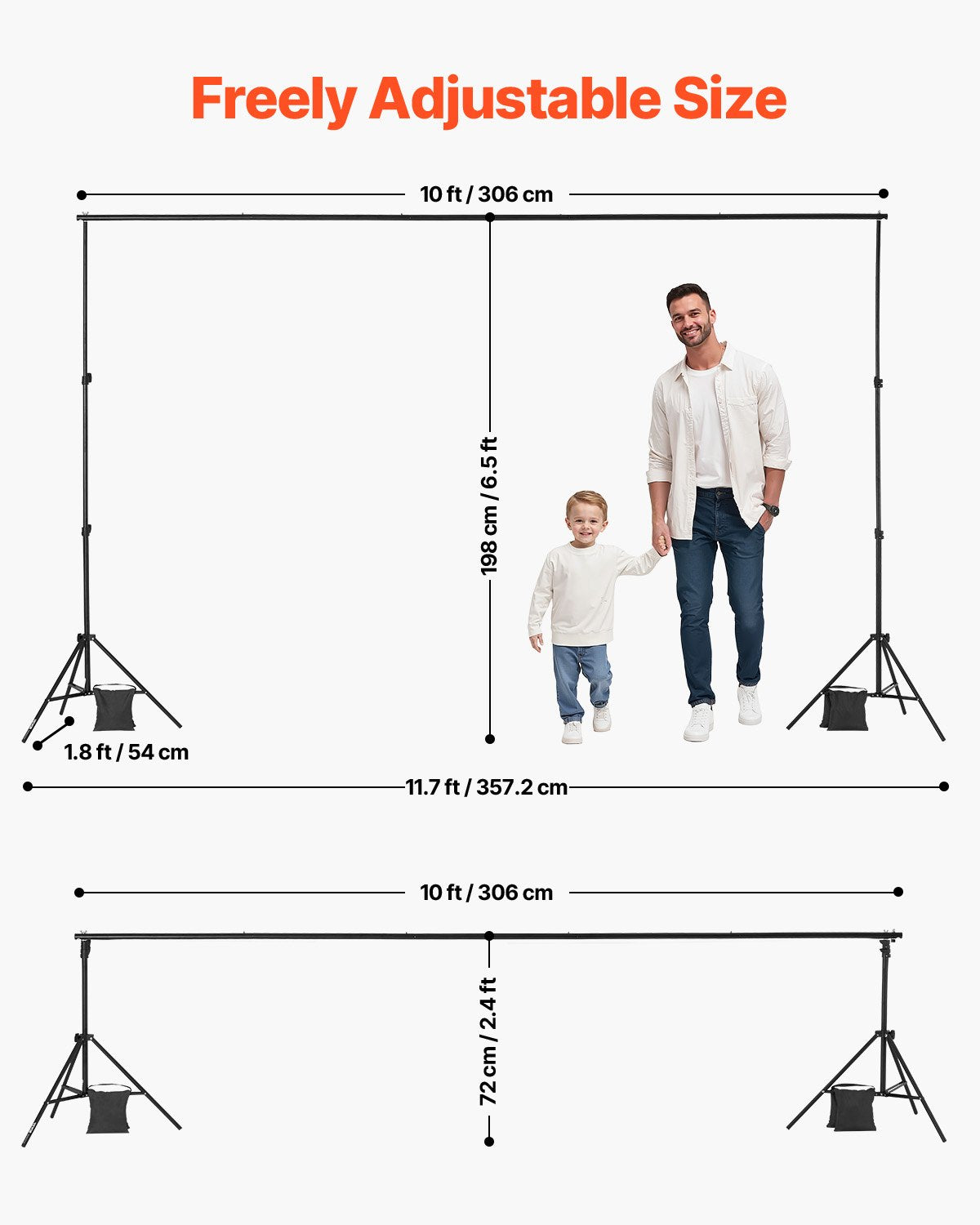 Backdrop Stand, 198 x 300 cm Adjustable Photo Backdrop Stand Kit, Portable Background Backdrop Stand with 5 Crossbars, Heavy Duty Projector Screen Stand, for Wedding, Photo Video Studio & Party