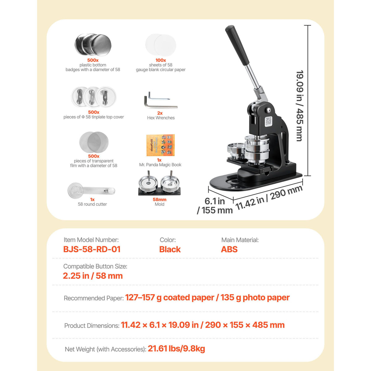 58mm Button Maker Machine with 500pcs Parts DIY Badge Pin Press Kit