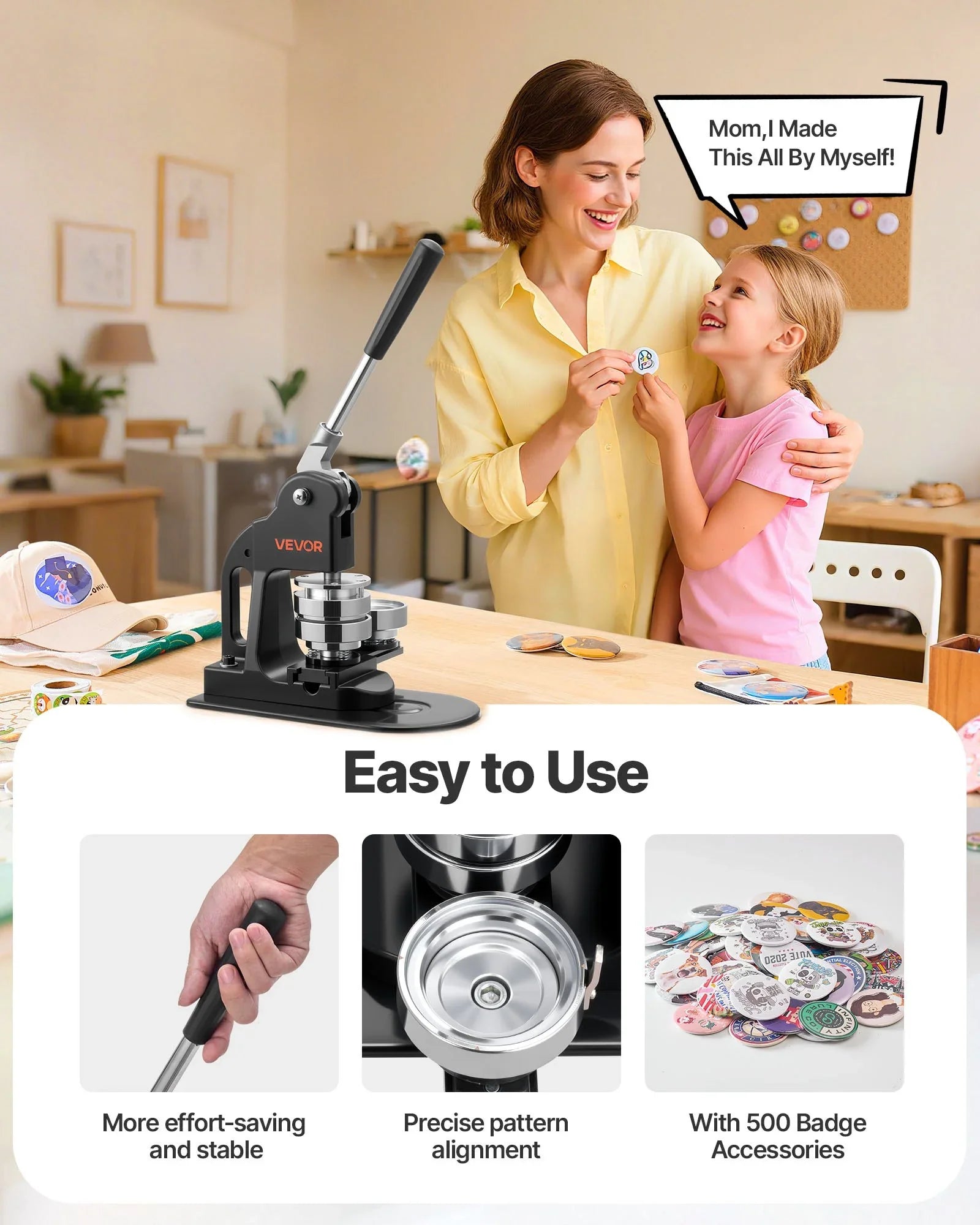 Button Maker Machine, 58 mm, Pin Maker Machine with 500pcs Button Parts, Circle Cutter, Hex Wrenches and Magic Book, Ergonomic Handle, for DIY Badges, Personalized Pins and Key Chains, Black