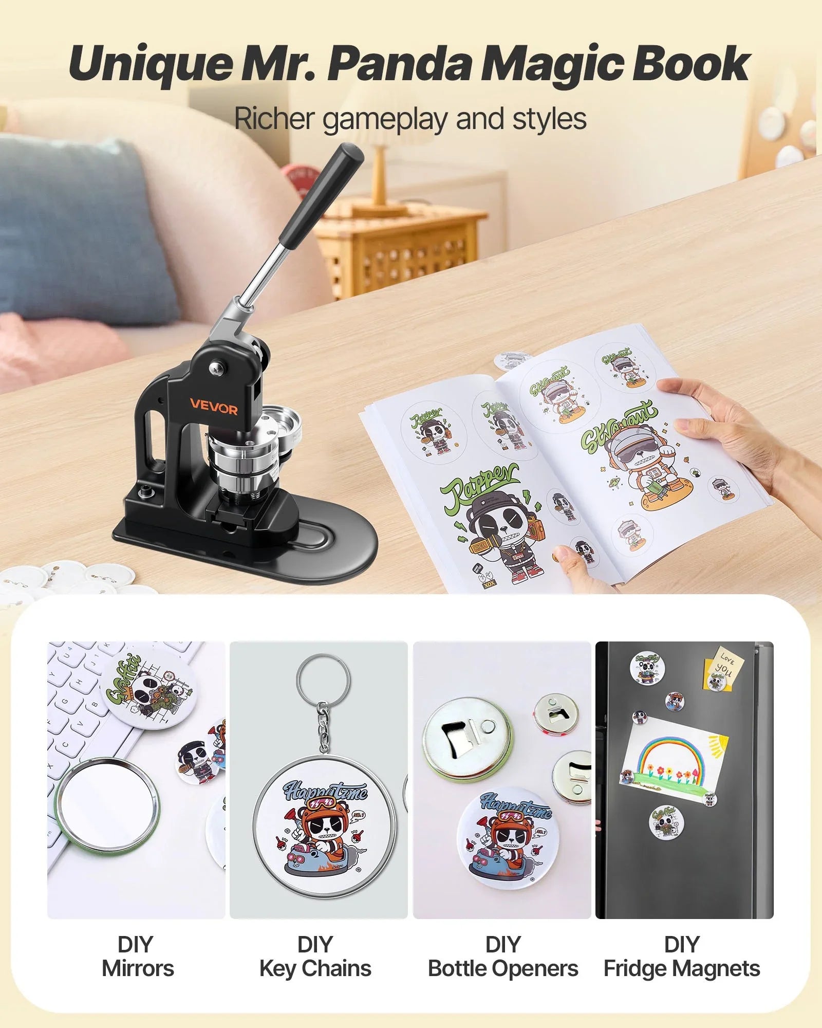 Button Maker Machine, 58 mm, Pin Maker Machine with 500pcs Button Parts, Circle Cutter, Hex Wrenches and Magic Book, Ergonomic Handle, for DIY Badges, Personalized Pins and Key Chains, Black