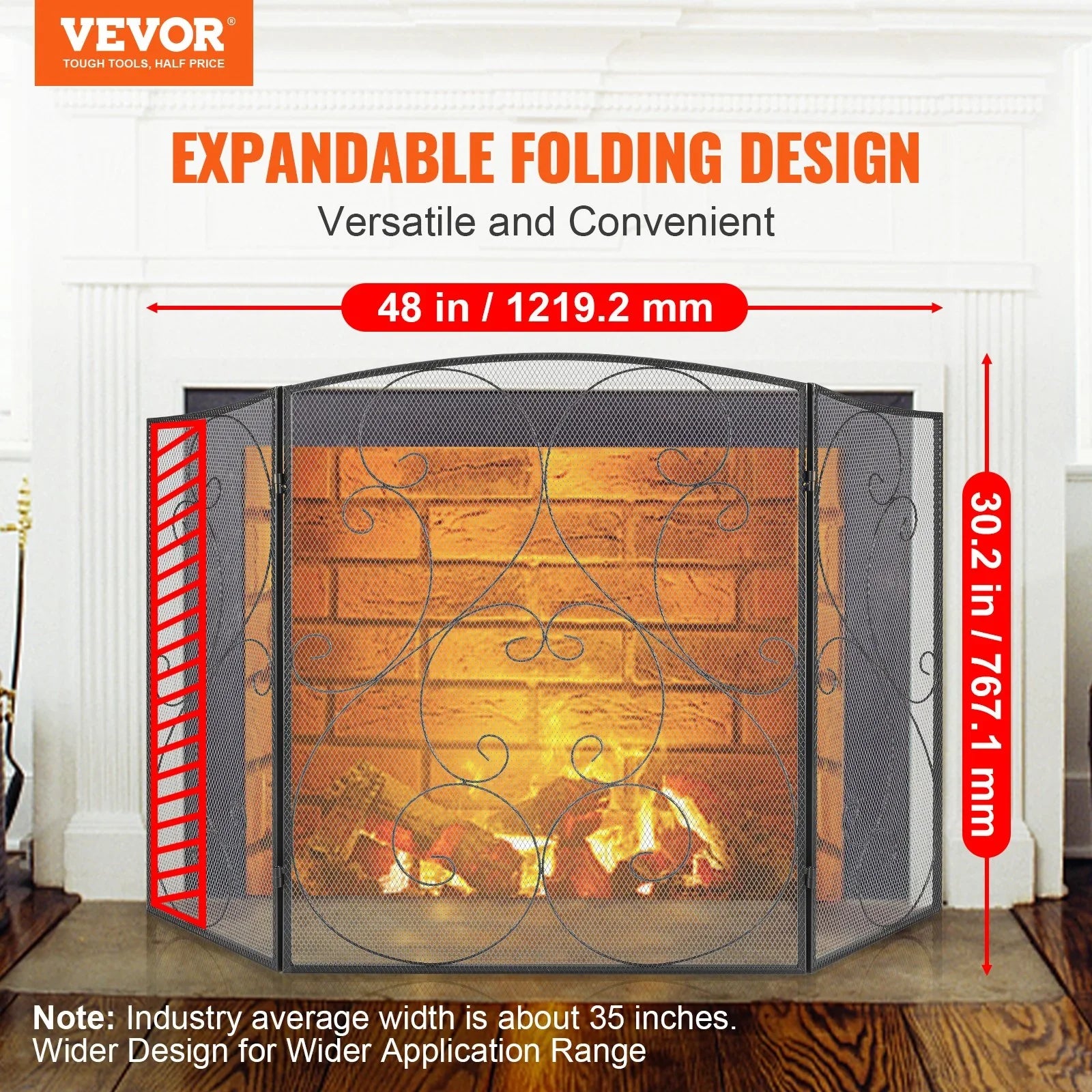 Fireplace Screen 3 Panel, Sturdy Iron Mesh Fireplace Screen, 122(L)x76.7(H)CM Spark Guard Cover, No Assembly Required, Free Standing Fireplace Fence Grate for Living Room Home Decor Vintage