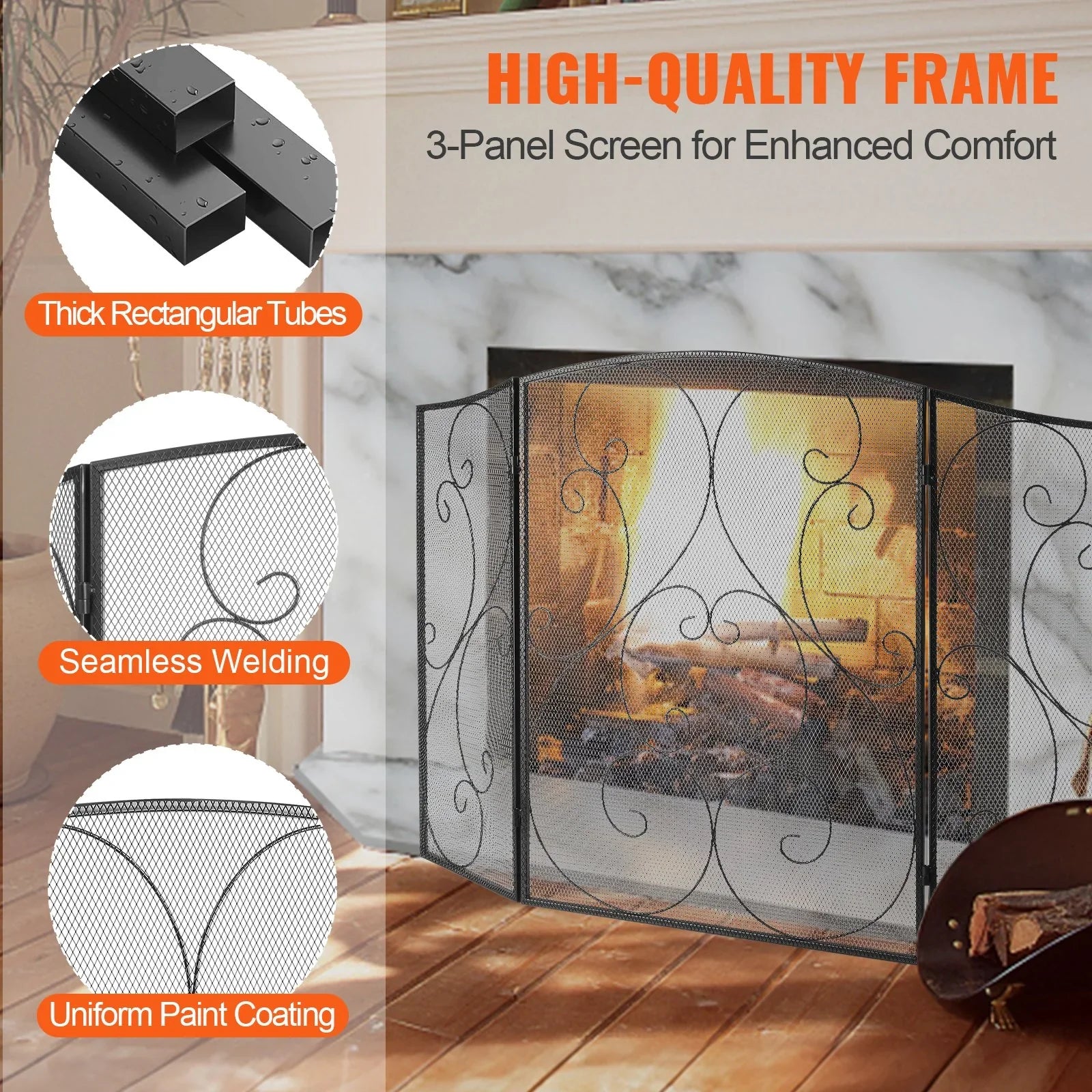 Fireplace Screen 3 Panel, Sturdy Iron Mesh Fireplace Screen, 122(L)x76.7(H)CM Spark Guard Cover, No Assembly Required, Free Standing Fireplace Fence Grate for Living Room Home Decor Vintage
