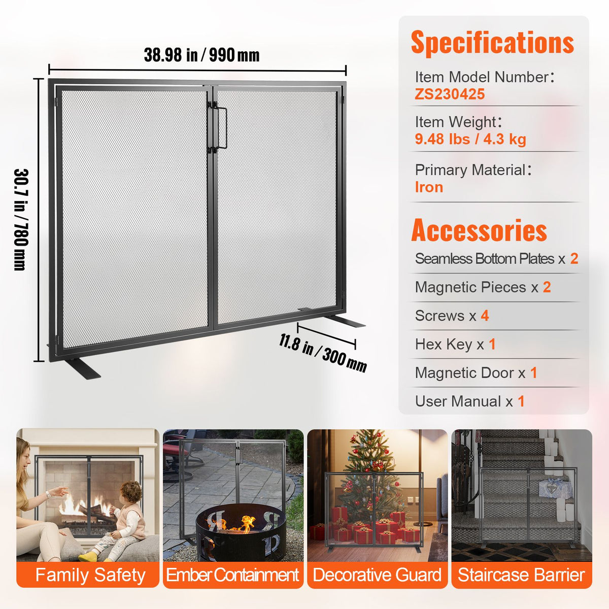 Fireplace Screen with Door Iron Mesh Spark Guard 990x780mm Fire Fence