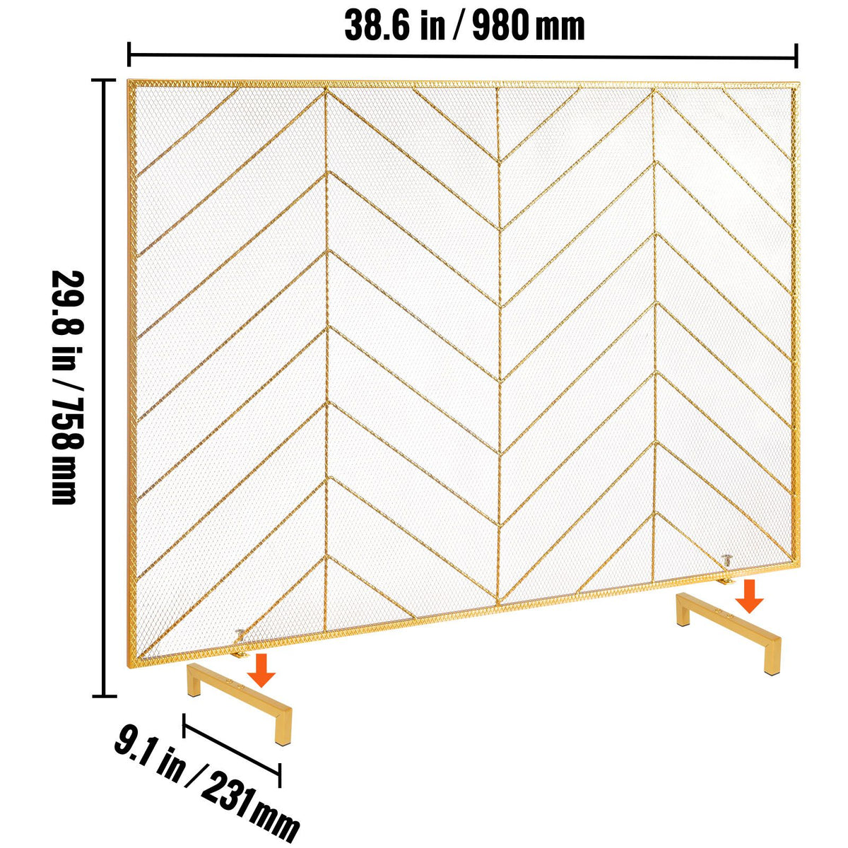 980x758MM Fireplace Screen 1-Panel Iron Mesh Spark Guard Modern Gold