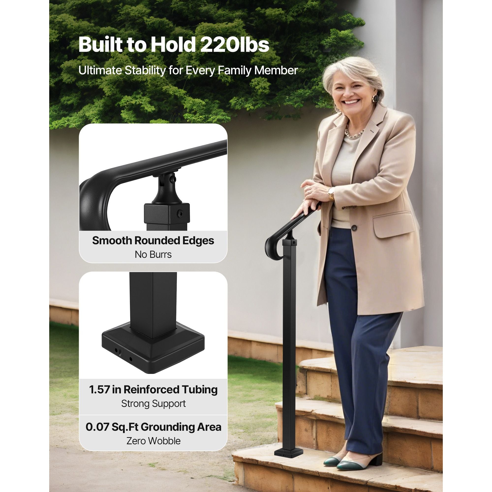 Outdoor Step Handrail 2-3 Step Carbon Steel Stair Railing Matte Black