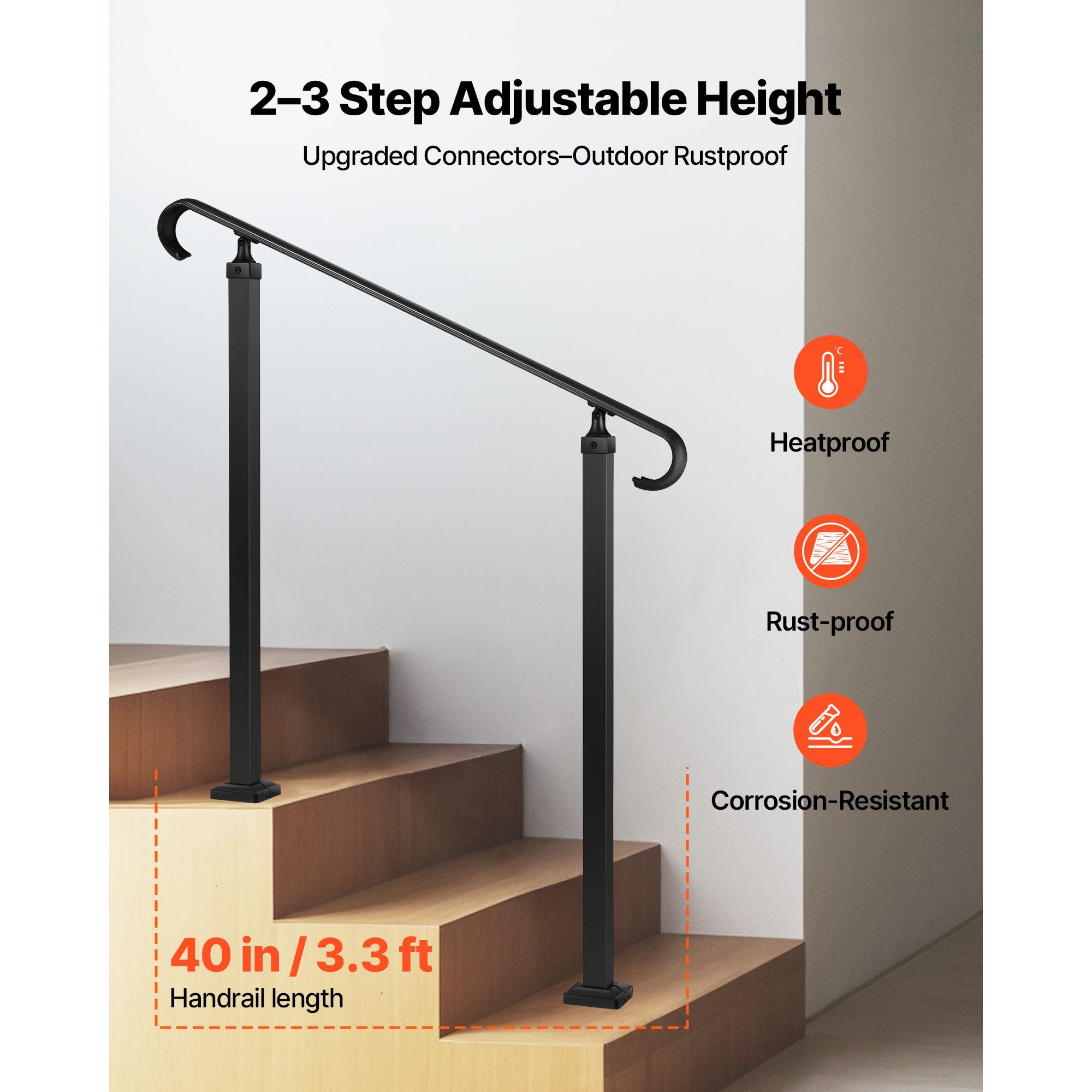 Outdoor Step Handrail 2-3 Step Carbon Steel Stair Railing Matte Black