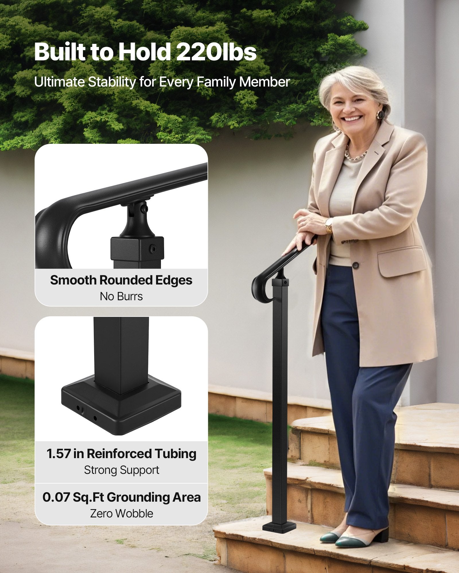 Handrails for Outdoor Steps, 2-3 Step Adjustable Height, Carbon Steel Transitional Handrail with Installation Kit, Exterior Hand Railing for Steps, Concrete or Wooden Stairs, Porch, Matte Black