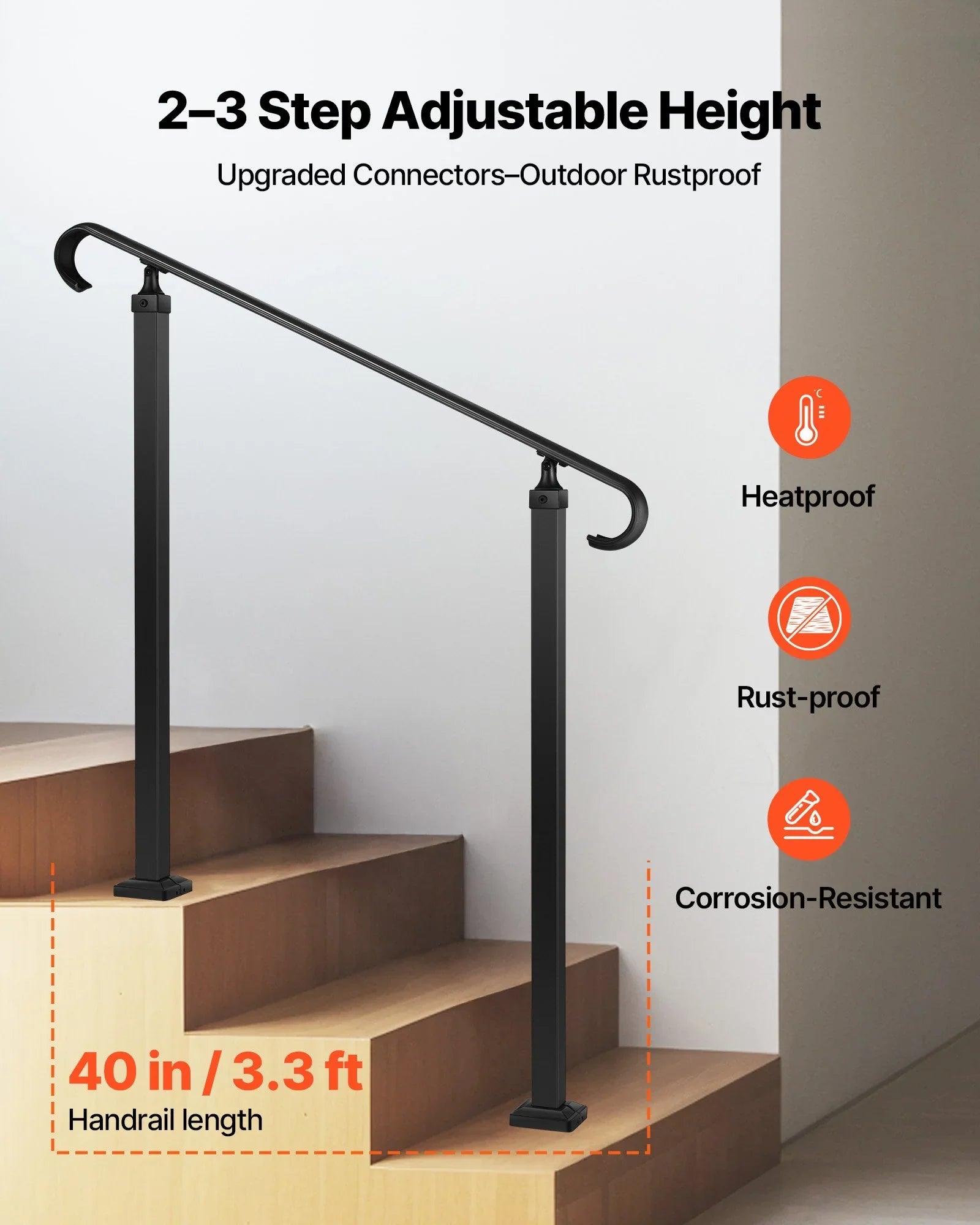 Outdoor Step Handrail 2-3 Step Carbon Steel Stair Railing Matte Black
