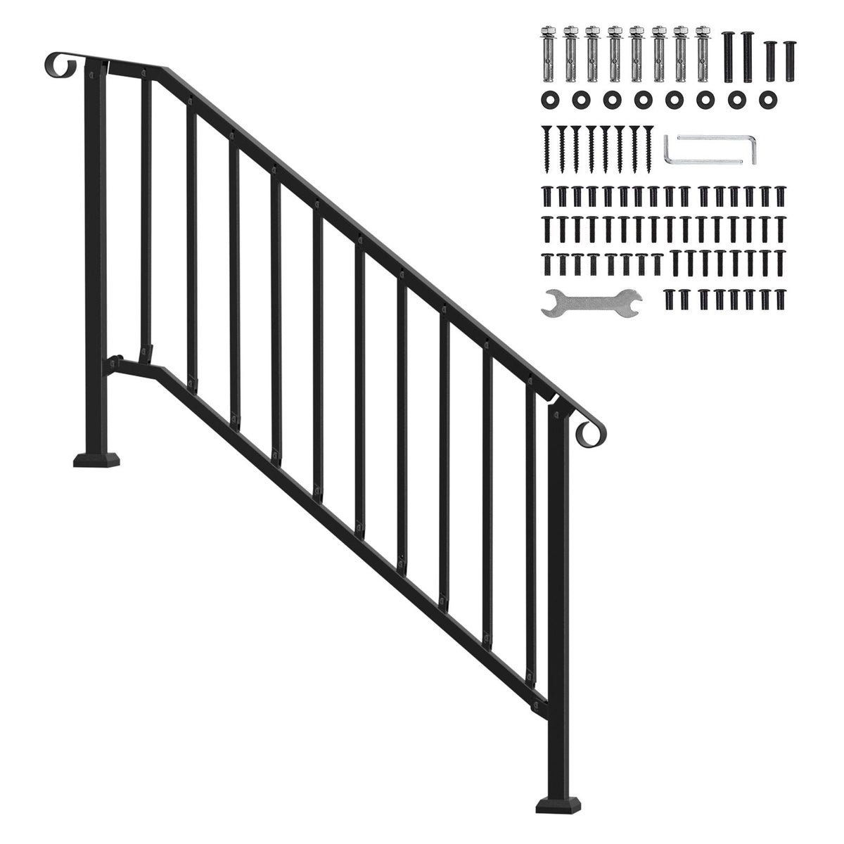 Handrails for Outdoor Steps, 5 Step Stair Hand Rail Kit, Transitional Carbon Steel Railings with Installation Kit, Stair Rails for Seniors, Concrete Steps & Porch & Deck, Black Retro Arch