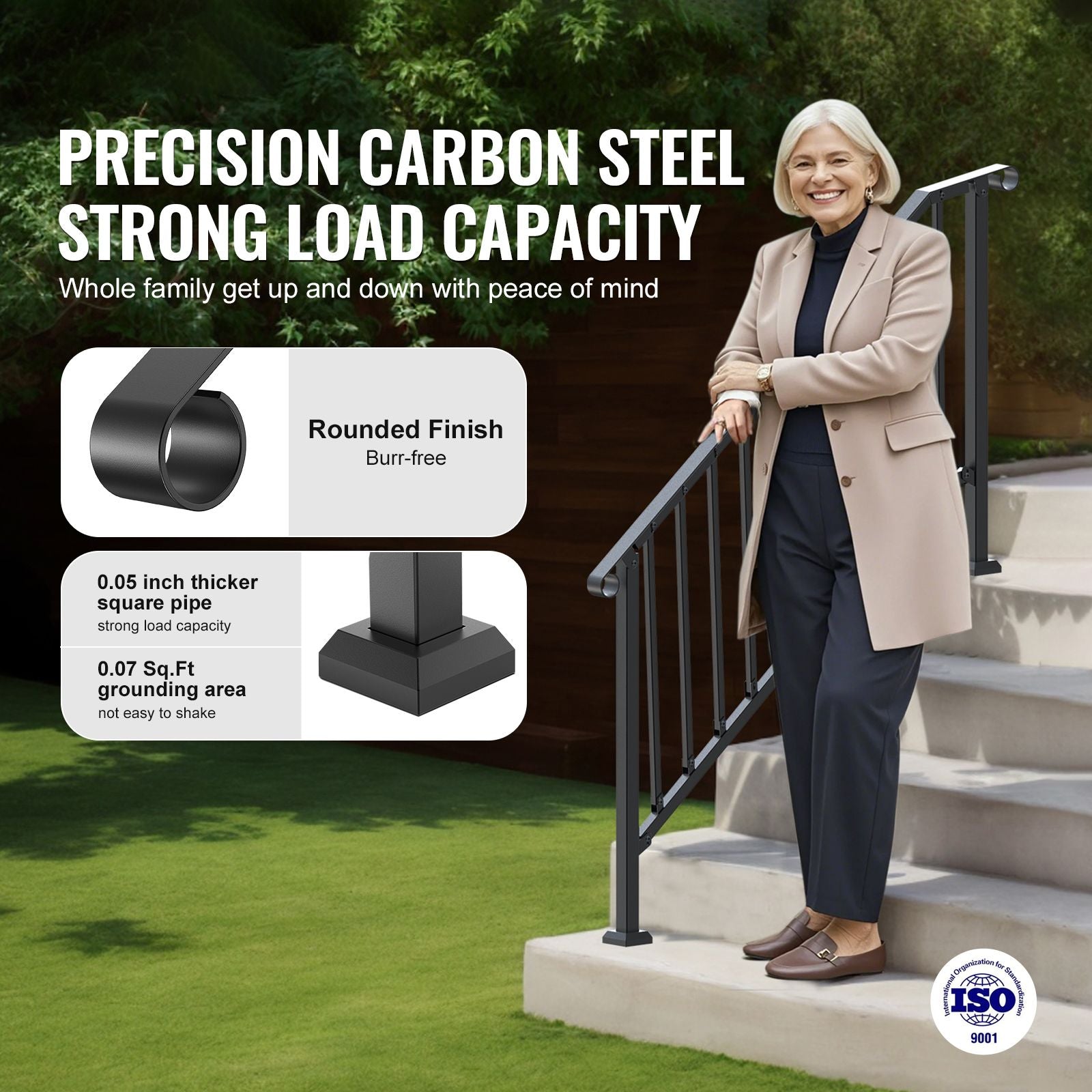 Handrails for Outdoor Steps, 5 Step Stair Hand Rail Kit, Transitional Carbon Steel Railings with Installation Kit, Stair Rails for Seniors, Concrete Steps & Porch & Deck, Black Retro Arch