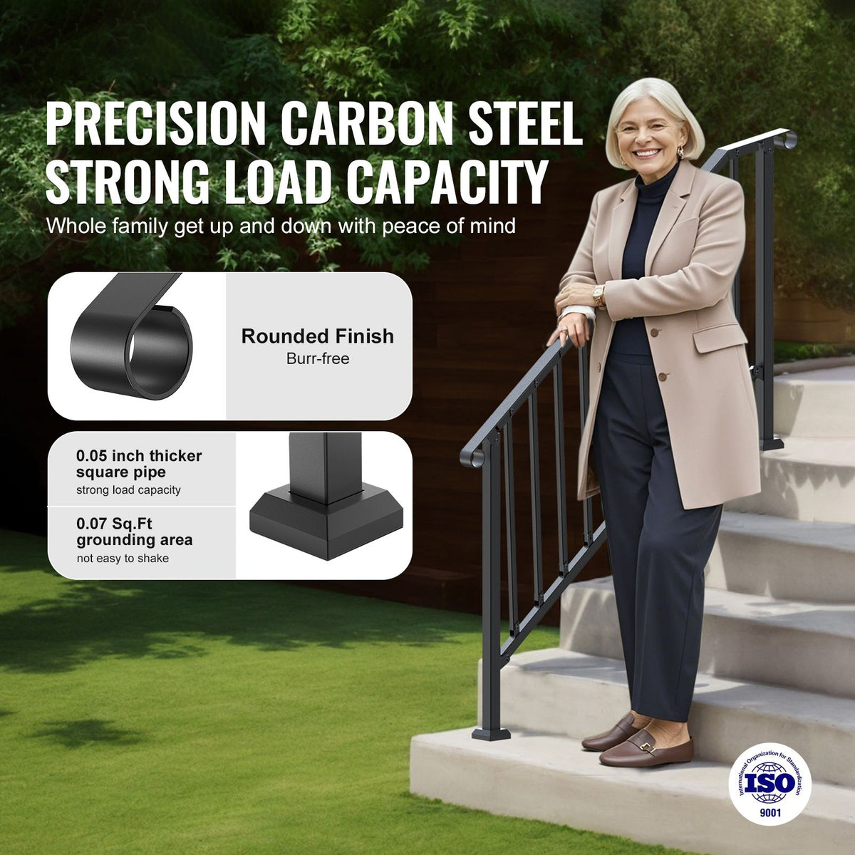 Handrails for Outdoor Steps, 5 Step Stair Hand Rail Kit, Transitional Carbon Steel Railings with Installation Kit, Stair Rails for Seniors, Concrete Steps & Porch & Deck, Black Retro Arch