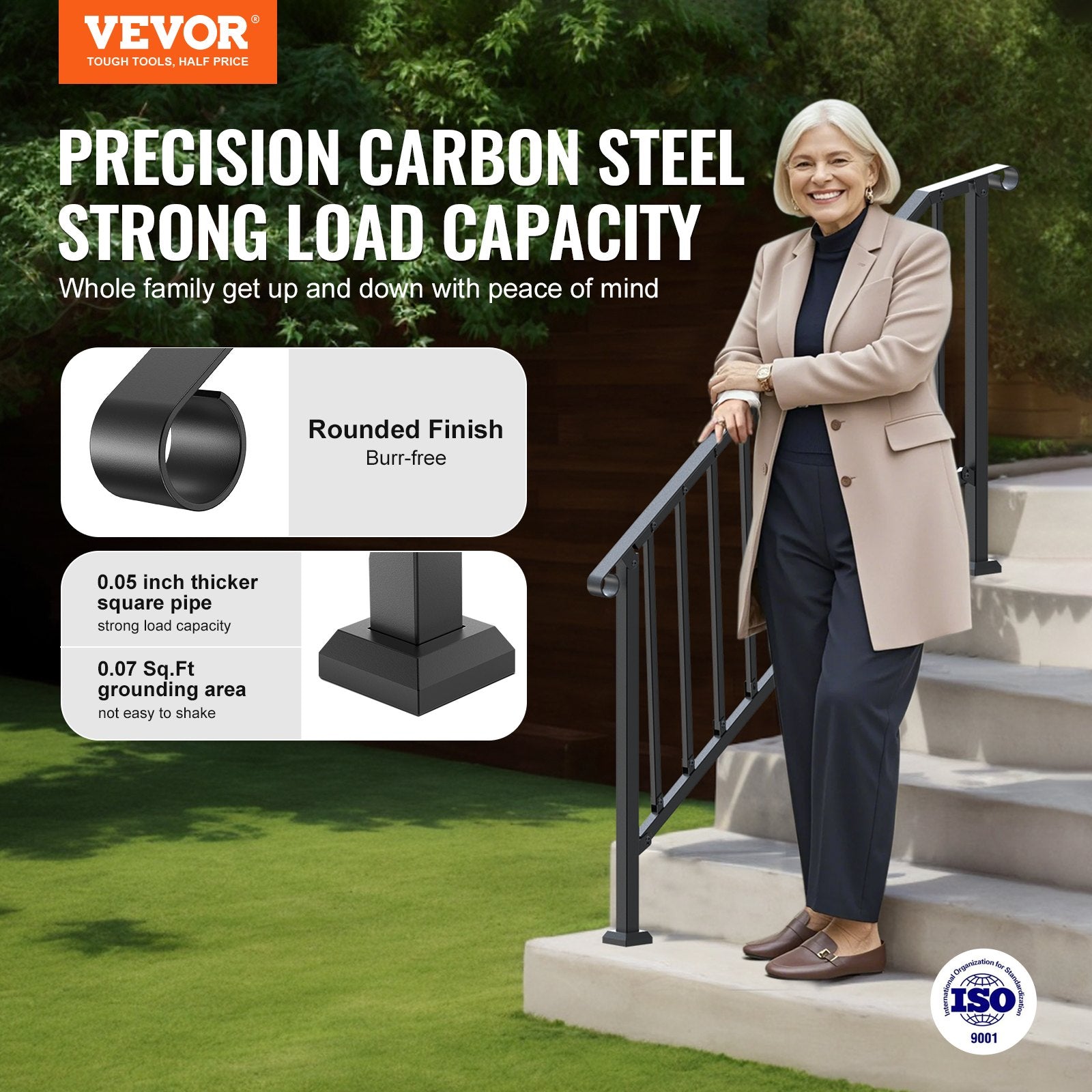 Handrails for Outdoor Steps, 5 Step Stair Hand Rail Kit, Transitional Carbon Steel Railings with Installation Kit, Stair Rails for Seniors, Concrete Steps & Porch & Deck, Black Retro Arch