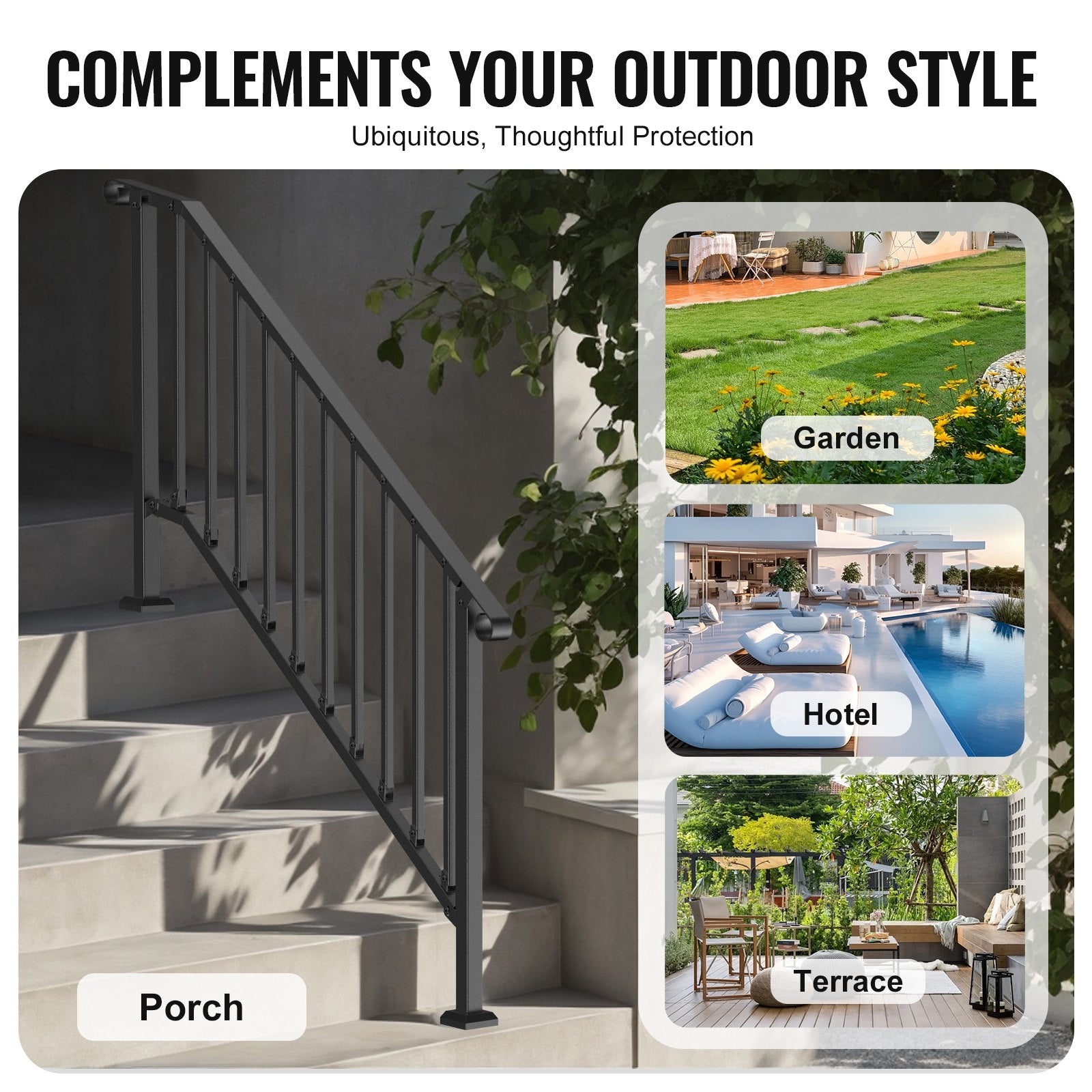 Handrails for Outdoor Steps, 5 Step Stair Hand Rail Kit, Transitional Carbon Steel Railings with Installation Kit, Stair Rails for Seniors, Concrete Steps & Porch & Deck, Black Retro Arch