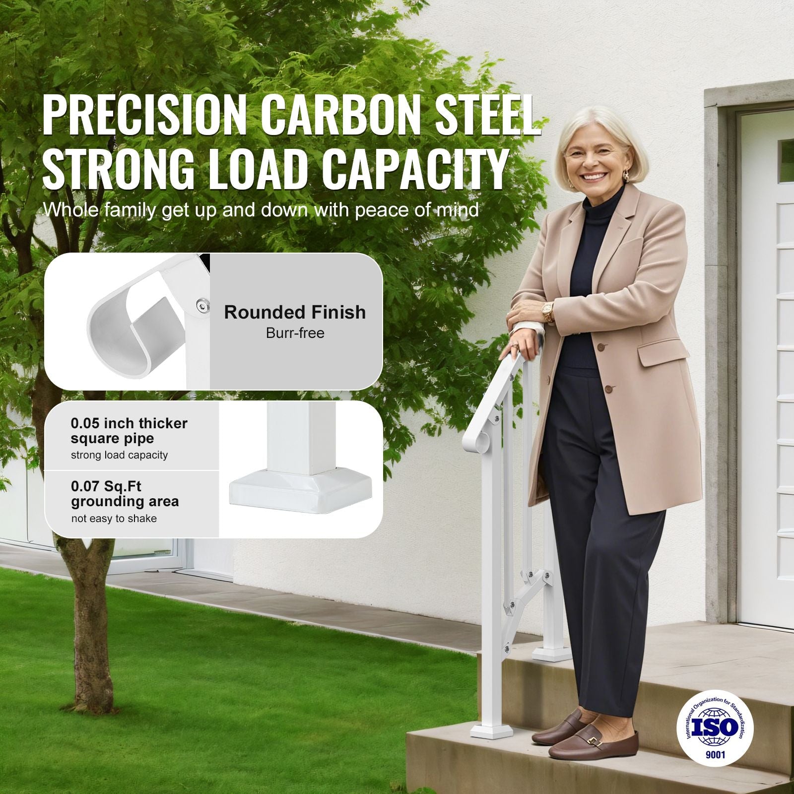 Handrails for Outdoor Steps, 1-2 Step Stair Hand Rail Kit, Transitional Carbon Steel Railings with Installation Kit, Stair Rails for Seniors, Concrete Steps & Porch & Deck, White Retro Arch