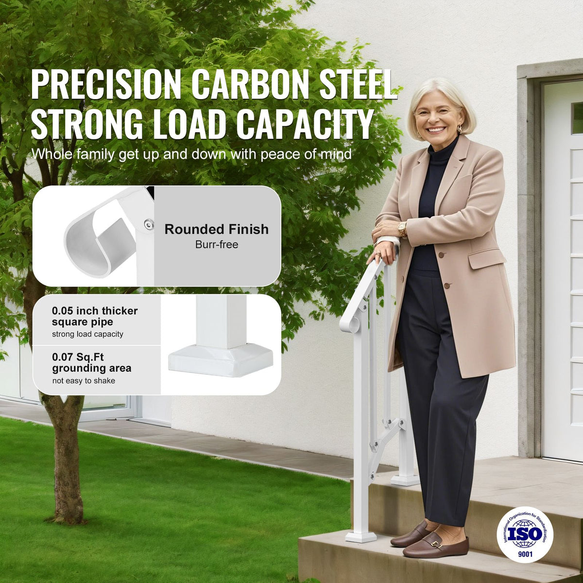 Handrails for Outdoor Steps, 1-2 Step Stair Hand Rail Kit, Transitional Carbon Steel Railings with Installation Kit, Stair Rails for Seniors, Concrete Steps & Porch & Deck, White Retro Arch