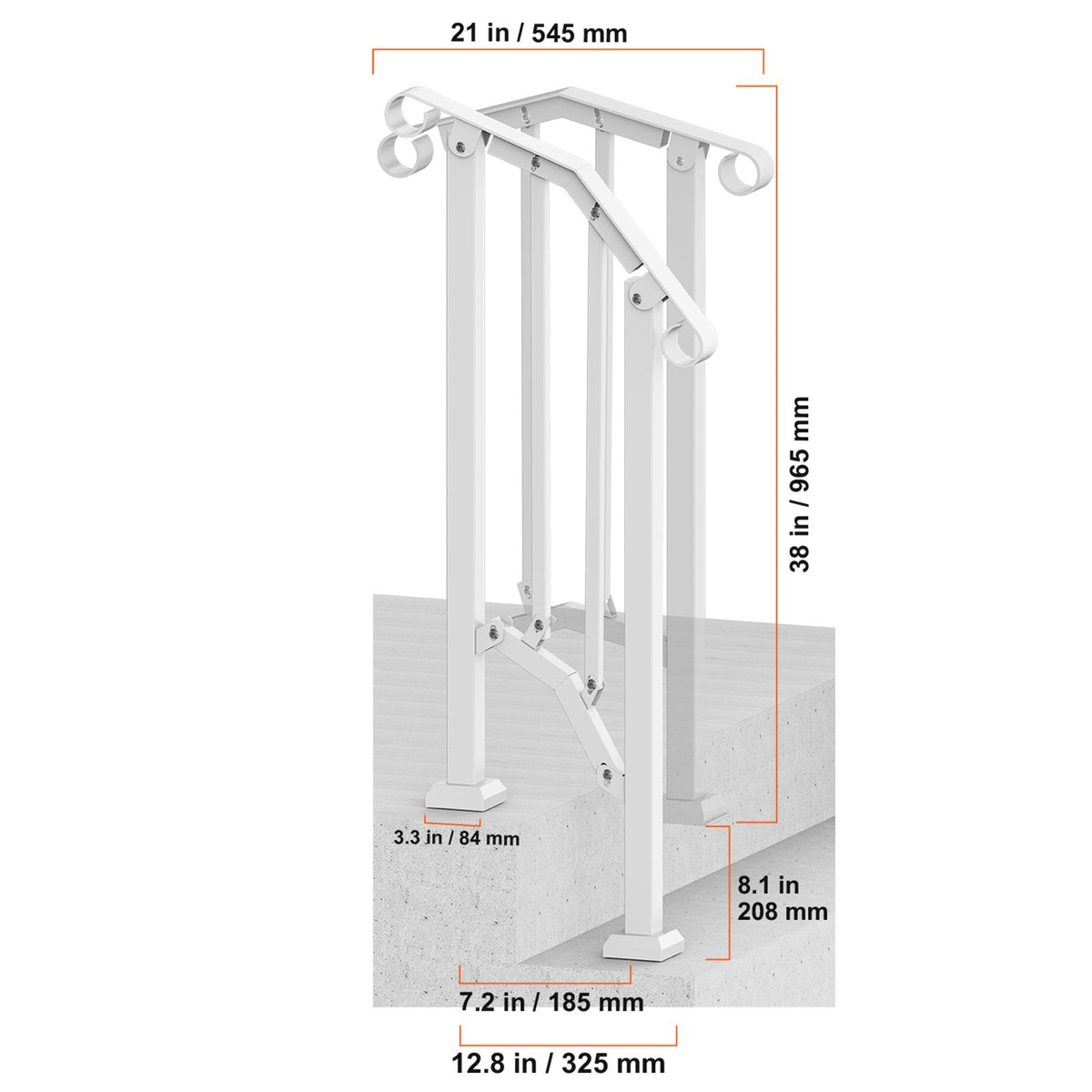 Handrails for Outdoor Steps, 1-2 Step Stair Hand Rail Kit, Transitional Carbon Steel Railings with Installation Kit, Stair Rails for Seniors, Concrete Steps & Porch & Deck, White Retro Arch