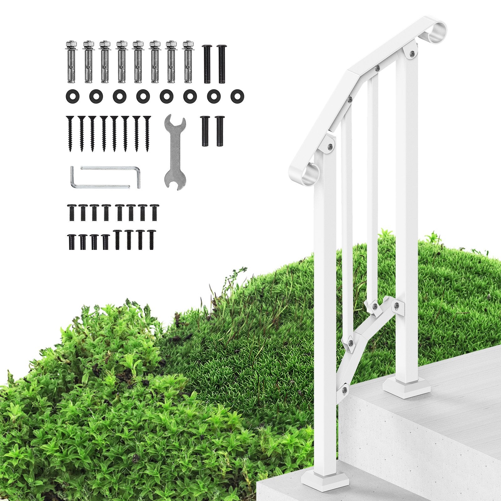 Handrails for Outdoor Steps, 1-2 Step Stair Hand Rail Kit, Transitional Carbon Steel Railings with Installation Kit, Stair Rails for Seniors, Concrete Steps & Porch & Deck, White Retro Arch
