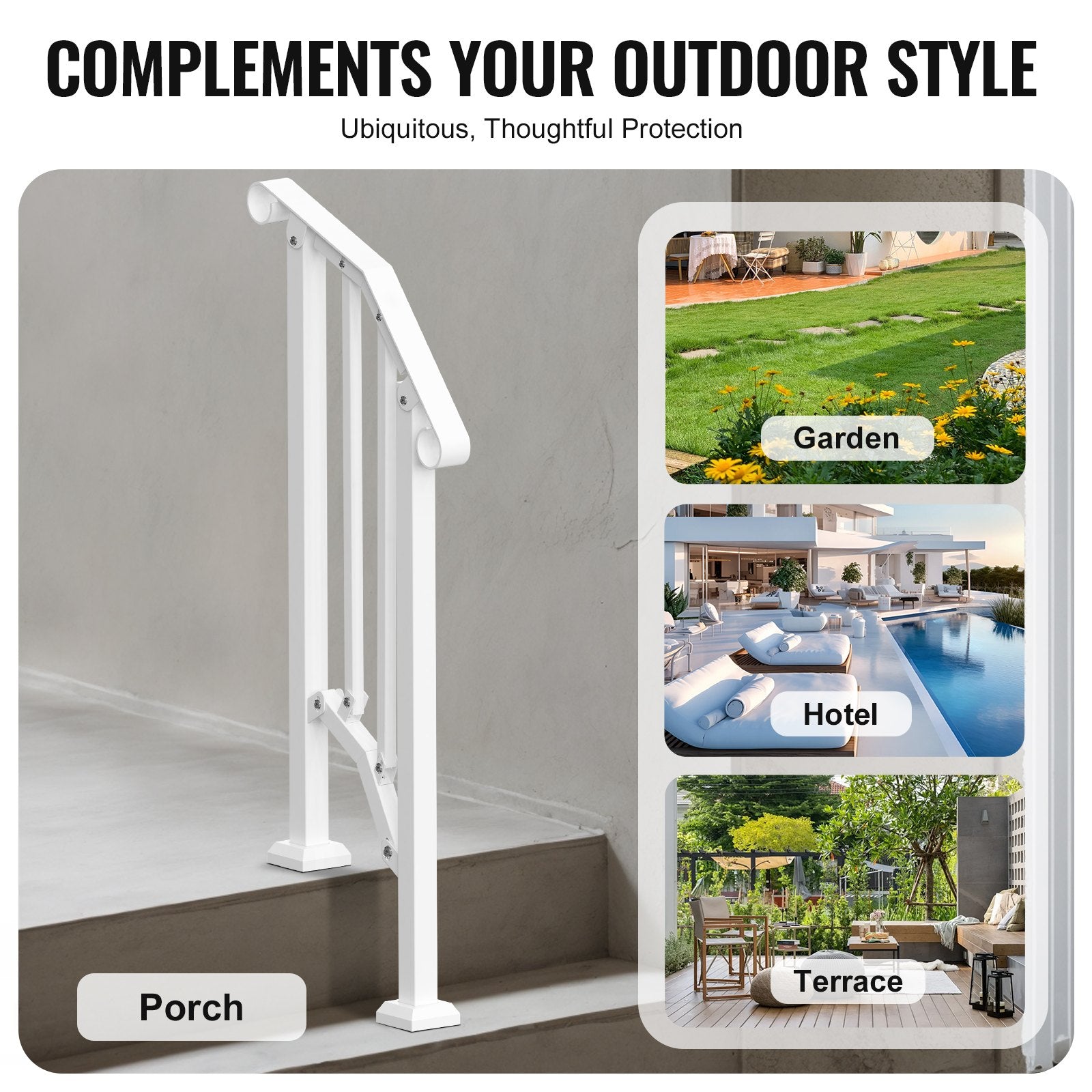 Handrails for Outdoor Steps, 1-2 Step Stair Hand Rail Kit, Transitional Carbon Steel Railings with Installation Kit, Stair Rails for Seniors, Concrete Steps & Porch & Deck, White Retro Arch
