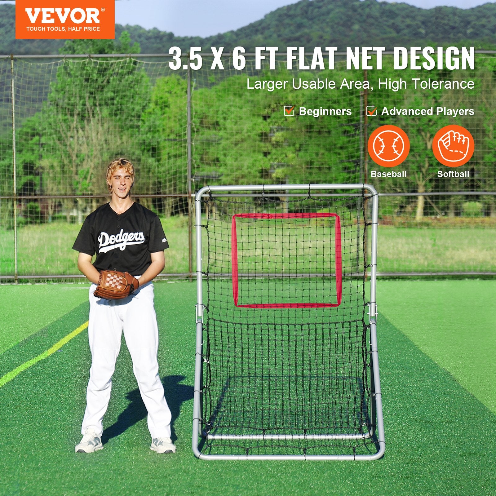 Baseball And Softball Rebounder Net, 3.5 x 6 ft PitchBack Baseball Pitching Nest, Softball Pitchback Net, Fielding Trainer, Bounce Back Net for Fielding/Throwing Practice, 5 Adjustable Angles
