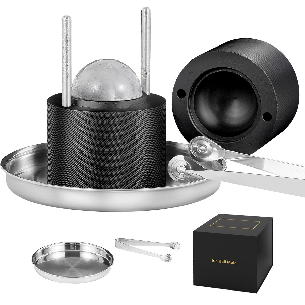 Ice Ball Press 60mm Aluminum Ice Sphere Maker Kit with Tong Drip Tray Black