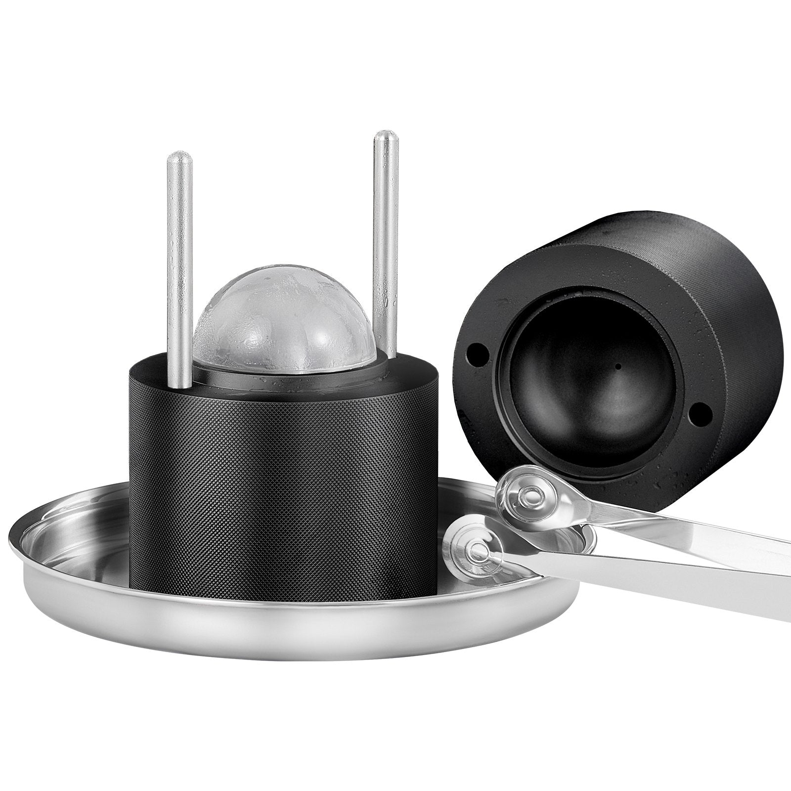 Ice Ball Press, 6cm Ice Ball Maker, Aircraft Al Alloy Ice Ball Press Kit for 60mm Ice Sphere, Ice Press with Tong and Drip Tray, for Whiskey, Cocktail, Bourbon, Scot on Party & Holiday, Black