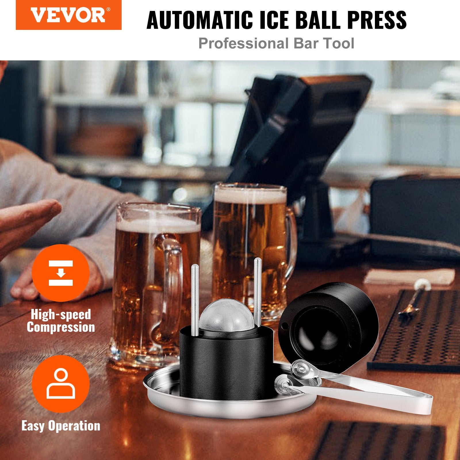 Ice Ball Press, 6cm Ice Ball Maker, Aircraft Al Alloy Ice Ball Press Kit for 60mm Ice Sphere, Ice Press with Tong and Drip Tray, for Whiskey, Cocktail, Bourbon, Scot on Party & Holiday, Black