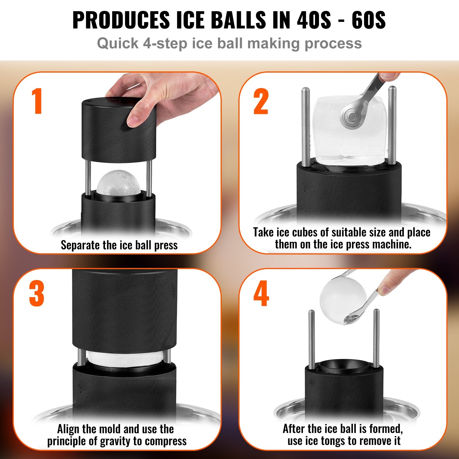 Ice Ball Press, 6cm Ice Ball Maker, Aircraft Al Alloy Ice Ball Press Kit for 60mm Ice Sphere, Ice Press with Tong and Drip Tray, for Whiskey, Cocktail, Bourbon, Scot on Party & Holiday, Black