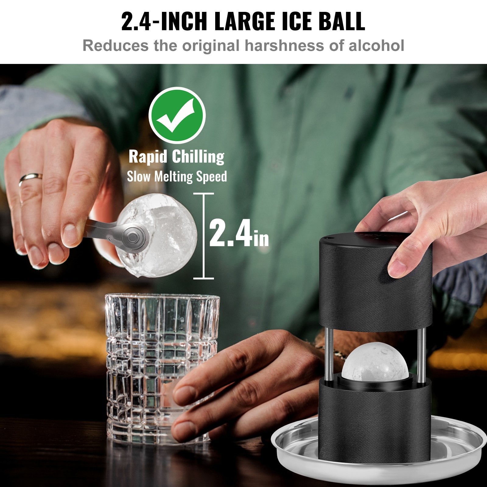 Ice Ball Press, 6cm Ice Ball Maker, Aircraft Al Alloy Ice Ball Press Kit for 60mm Ice Sphere, Ice Press with Tong and Drip Tray, for Whiskey, Cocktail, Bourbon, Scot on Party & Holiday, Black