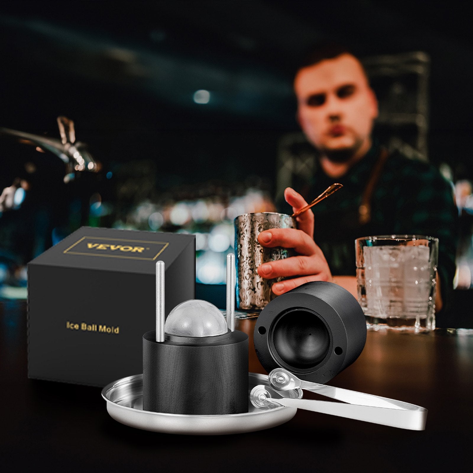 Ice Ball Press, 6cm Ice Ball Maker, Aircraft Al Alloy Ice Ball Press Kit for 60mm Ice Sphere, Ice Press with Tong and Drip Tray, for Whiskey, Cocktail, Bourbon, Scot on Party & Holiday, Black