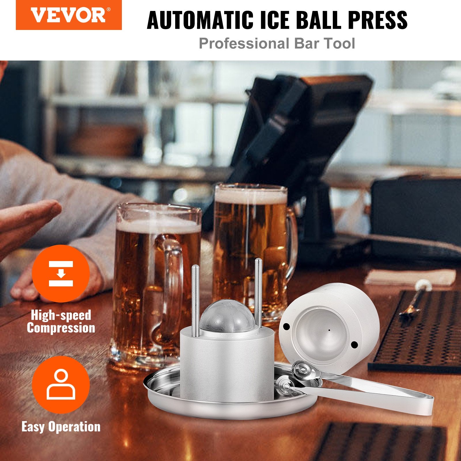Ice Ball Press Kit, Aircraft Al Alloy Ice Press with Ice Block Mold, Large Mat, Tong, Drip Tray, One Glass, Round Ice Ball Maker 2.4