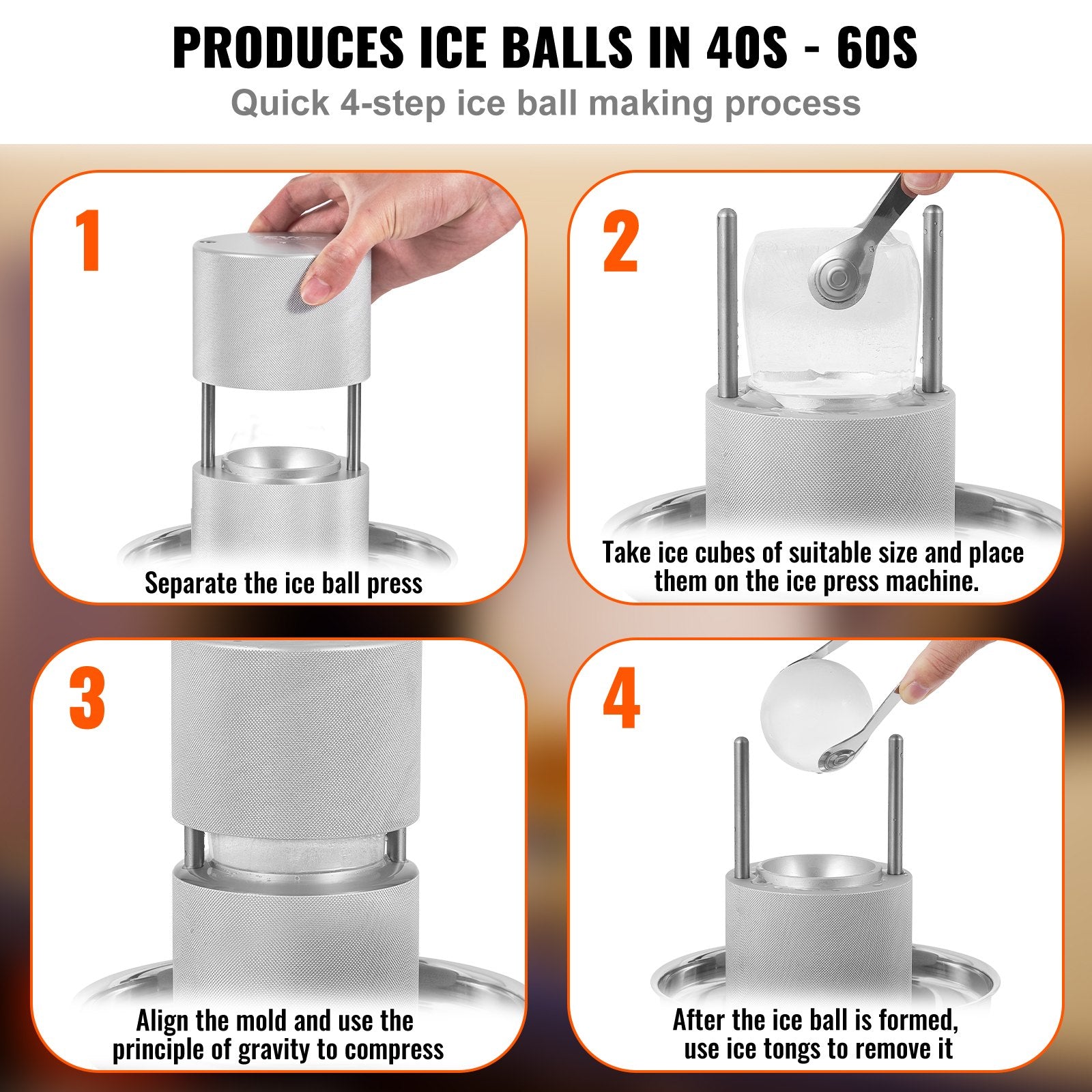 Ice Ball Press Kit, Aircraft Al Alloy Ice Press with Ice Block Mold, Large Mat, Tong, Drip Tray, One Glass, Round Ice Ball Maker 2.4