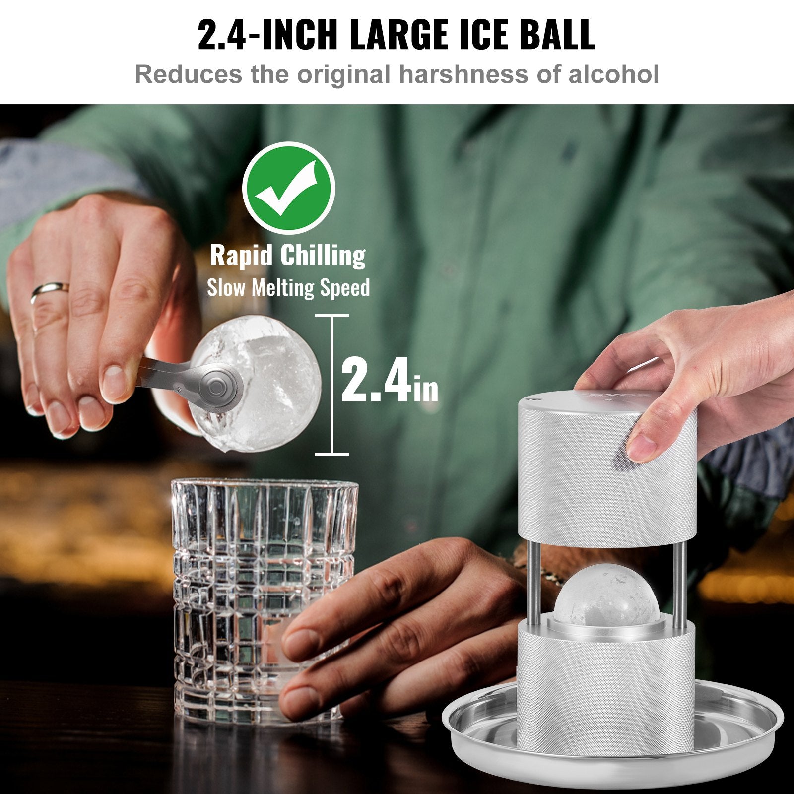 Ice Ball Press Kit, Aircraft Al Alloy Ice Press with Ice Block Mold, Large Mat, Tong, Drip Tray, One Glass, Round Ice Ball Maker 2.4