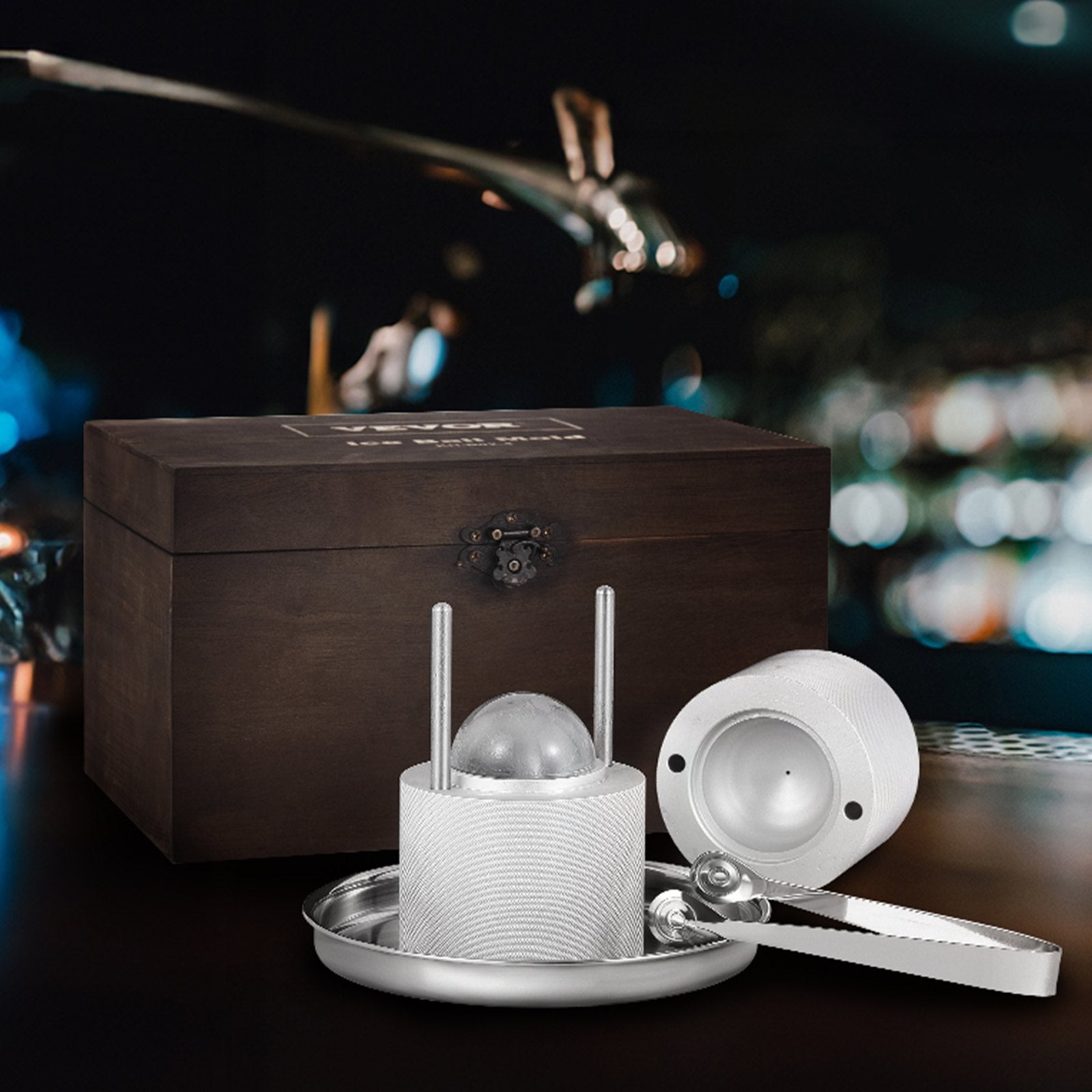 Ice Ball Press Kit, Aircraft Al Alloy Ice Press with Ice Block Mold, Large Mat, Tong, Drip Tray, One Glass, Round Ice Ball Maker 2.4