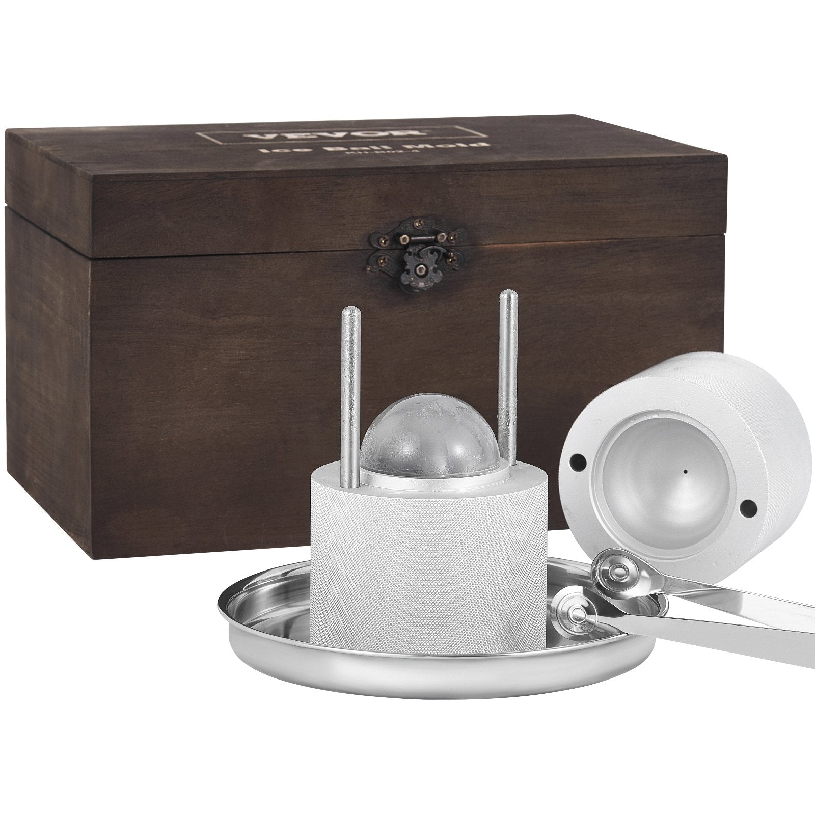 Ice Ball Press Kit, Aircraft Al Alloy Ice Press with Ice Block Mold, Large Mat, Tong, Drip Tray, One Glass, Round Ice Ball Maker 2.4