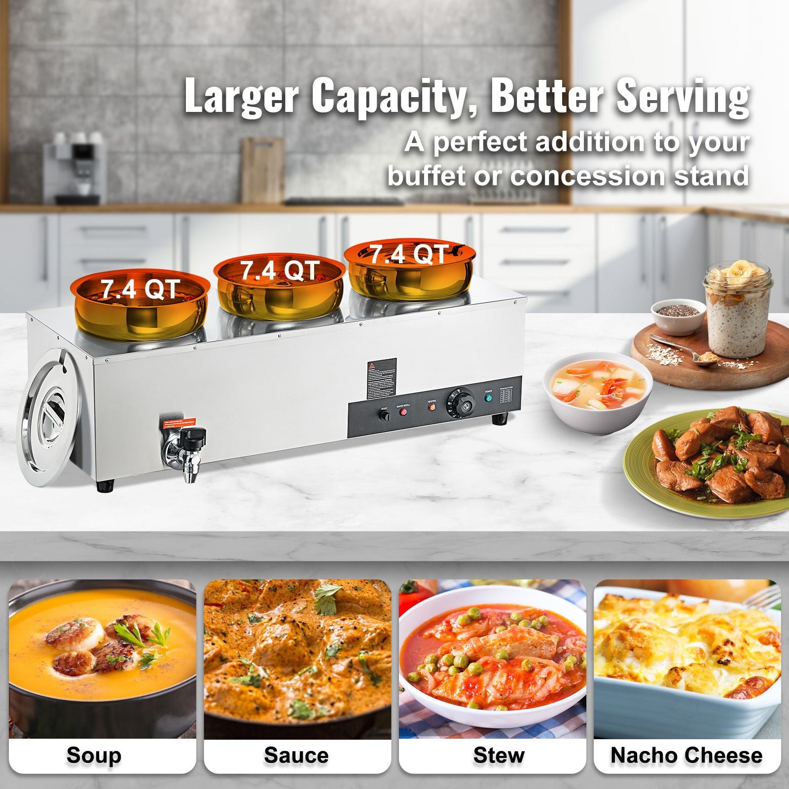 Electric Soup Warmer, Three 7.4QT Stainless Steel Round Pot, 1200W Commercial Food Warmer, 30 - 85℃ Adjustable Temp, Bain Marie with Anti-Dry Burn and Reset Button, for Restaurant, Buffet