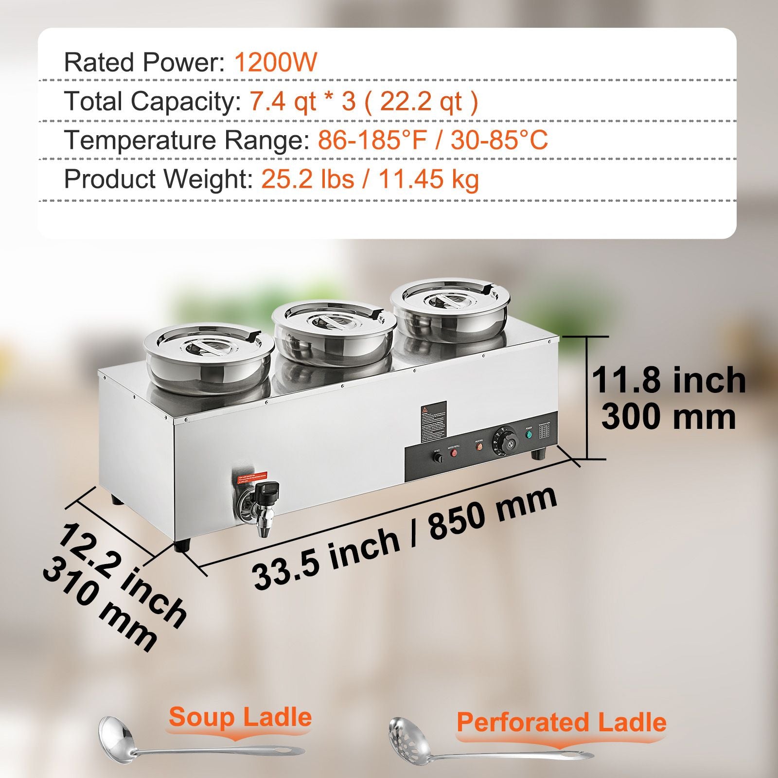 Electric Soup Warmer, Three 7.4QT Stainless Steel Round Pot, 1200W Commercial Food Warmer, 30 - 85℃ Adjustable Temp, Bain Marie with Anti-Dry Burn and Reset Button, for Restaurant, Buffet